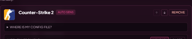 Gaming settings entry header with up/down arrows, Auto sens badge, and Remove button