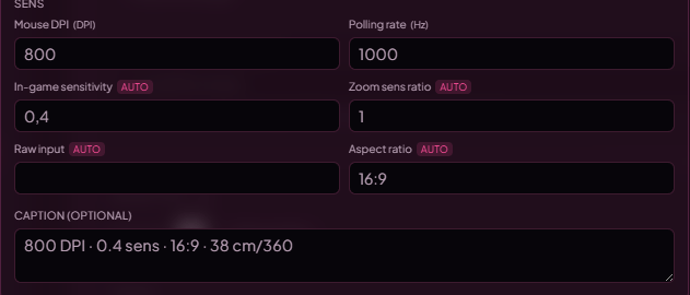 Sens fields table inside a Gaming settings entry