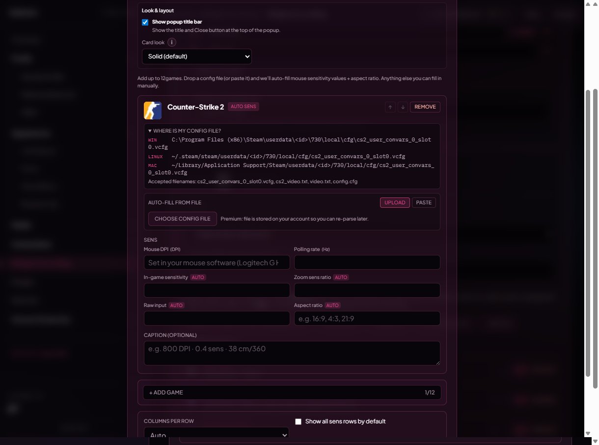 Upload tab inside a Gaming settings entry, with the Choose config file button
