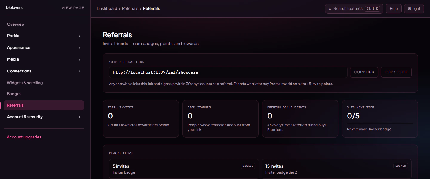 Referral link and stats cards
