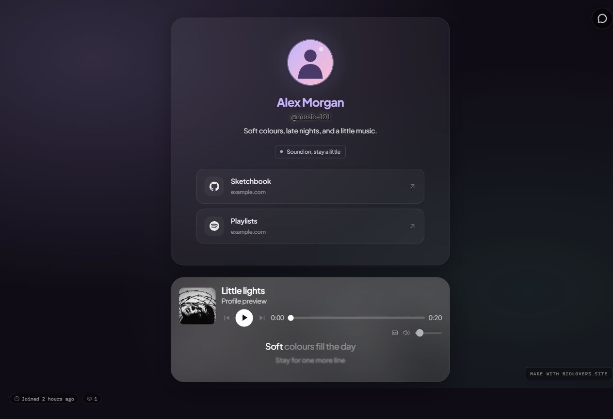 Artwork music card below an example profile, with the current lyric and a dimmed next line underneath its controls