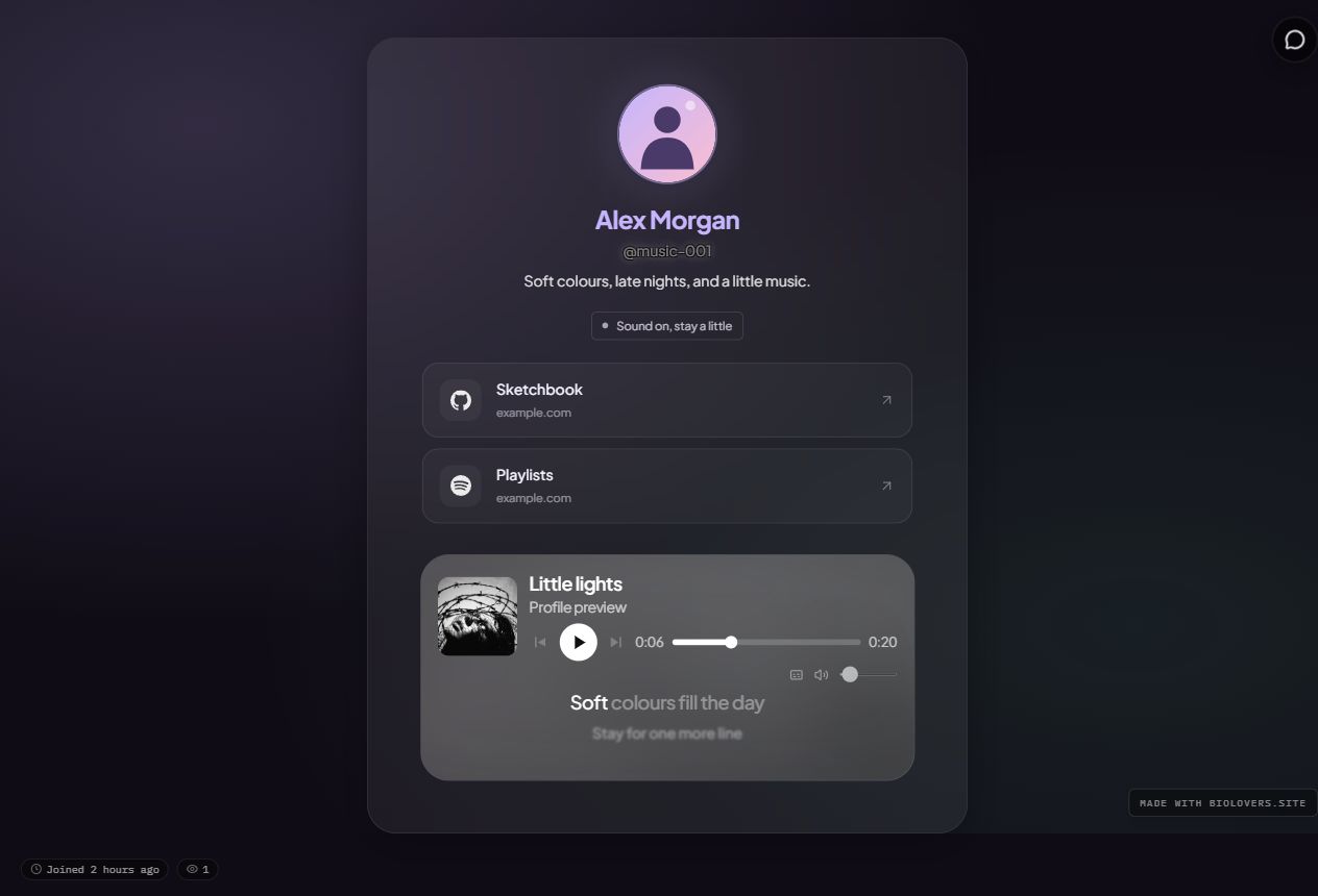 Example profile with a centered avatar and name, two link cards, a short status, and an artwork music card