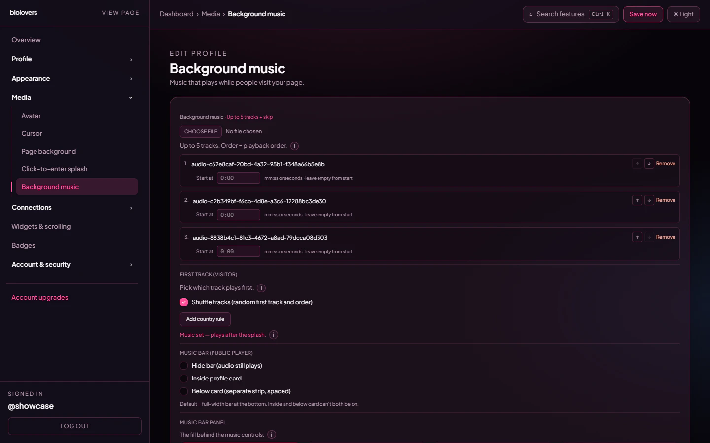 Shuffle tracks checkbox enabled in the audio panel