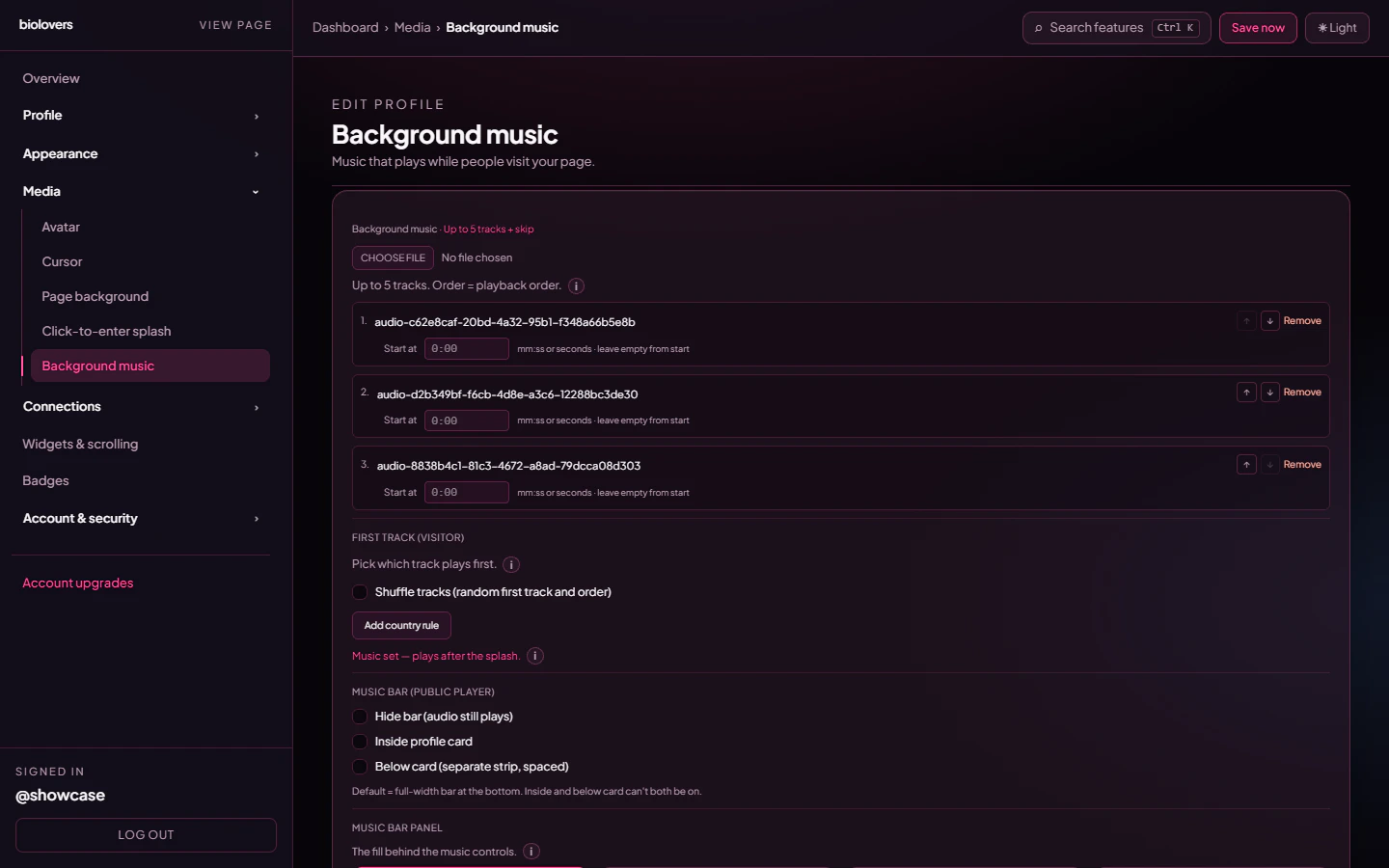 Background music panel with three tracks loaded