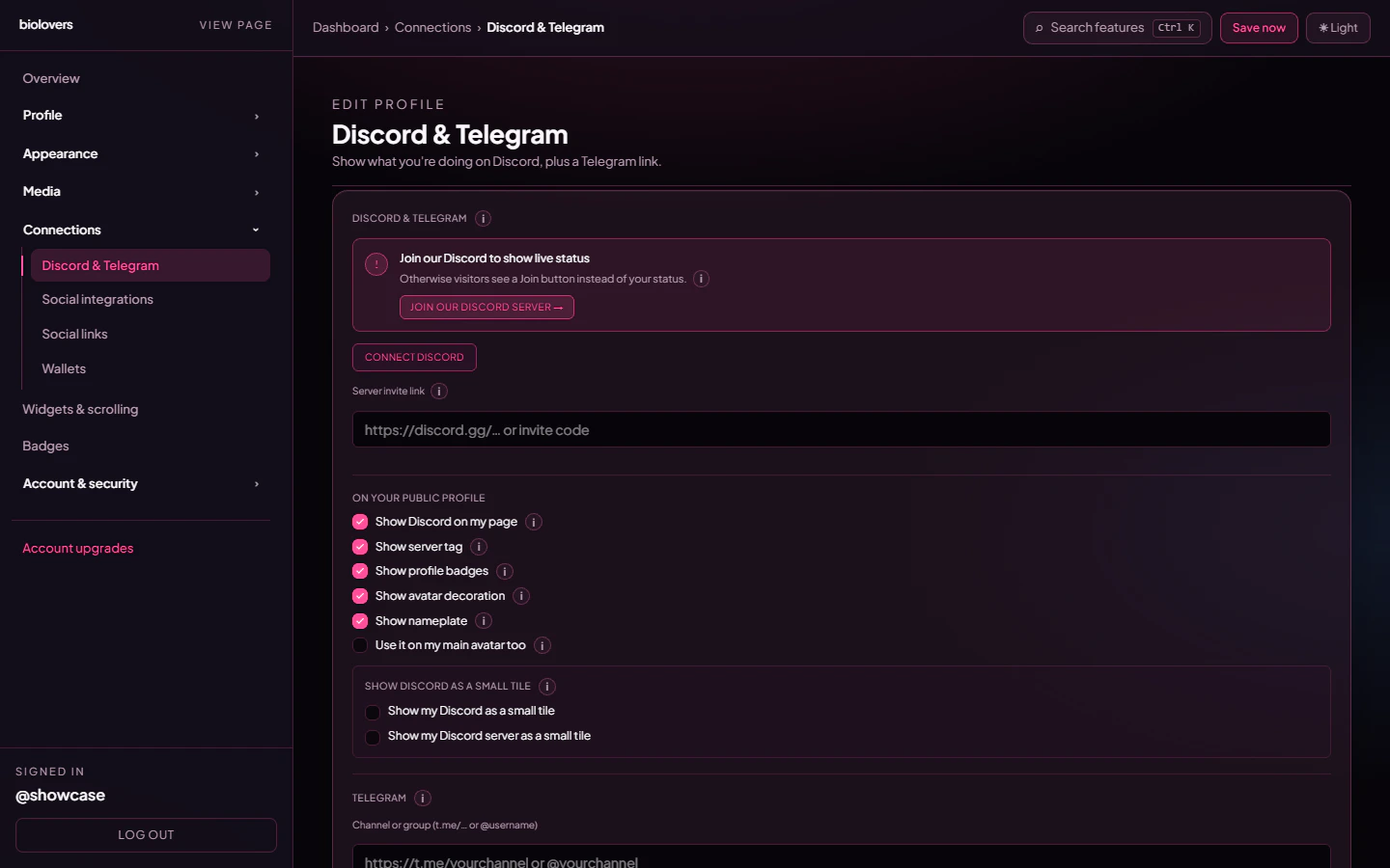 Discord and Telegram panel