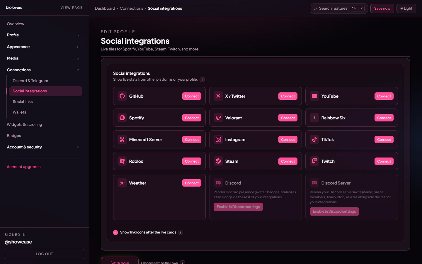 Social integrations editor
