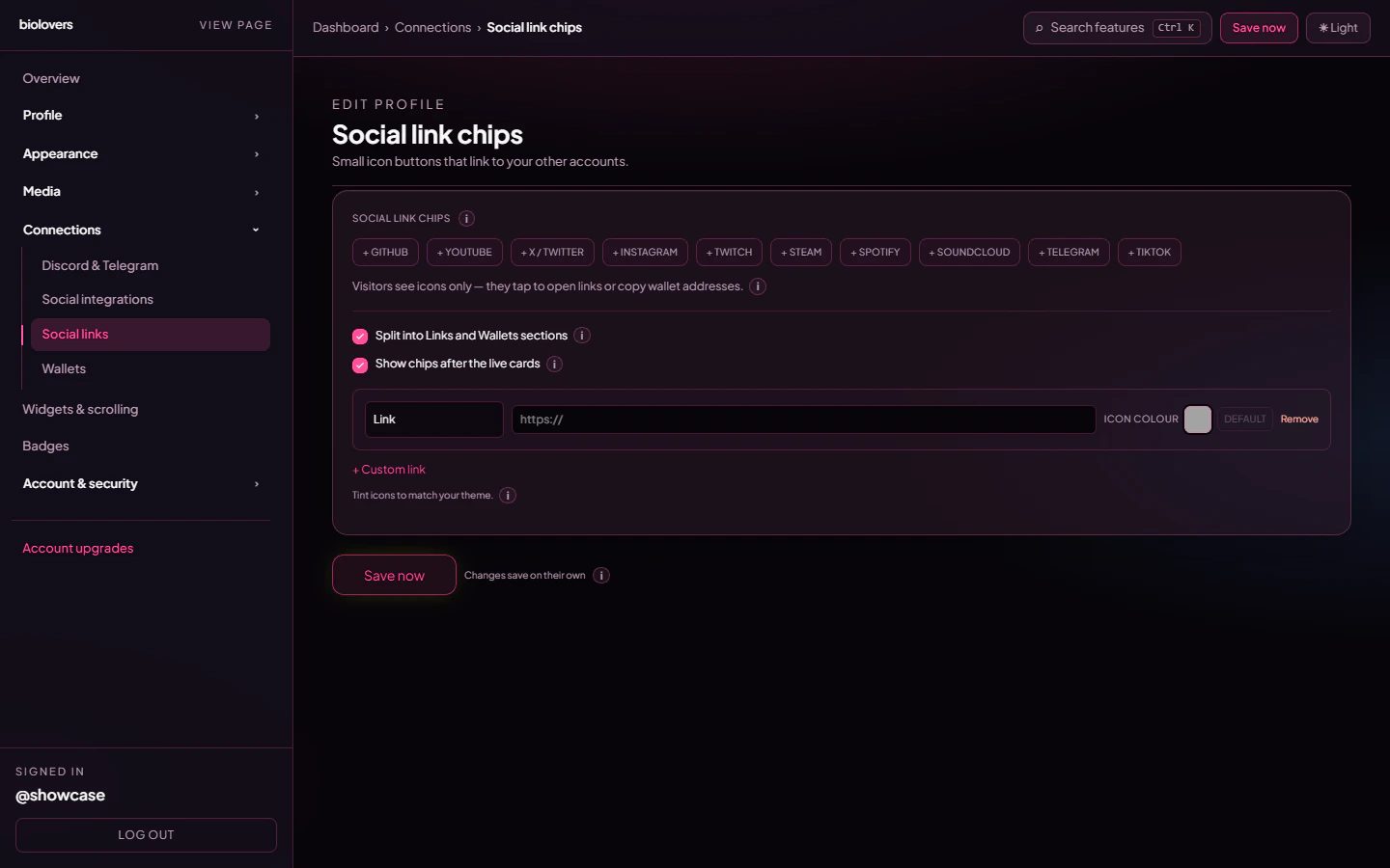Social link chips editor