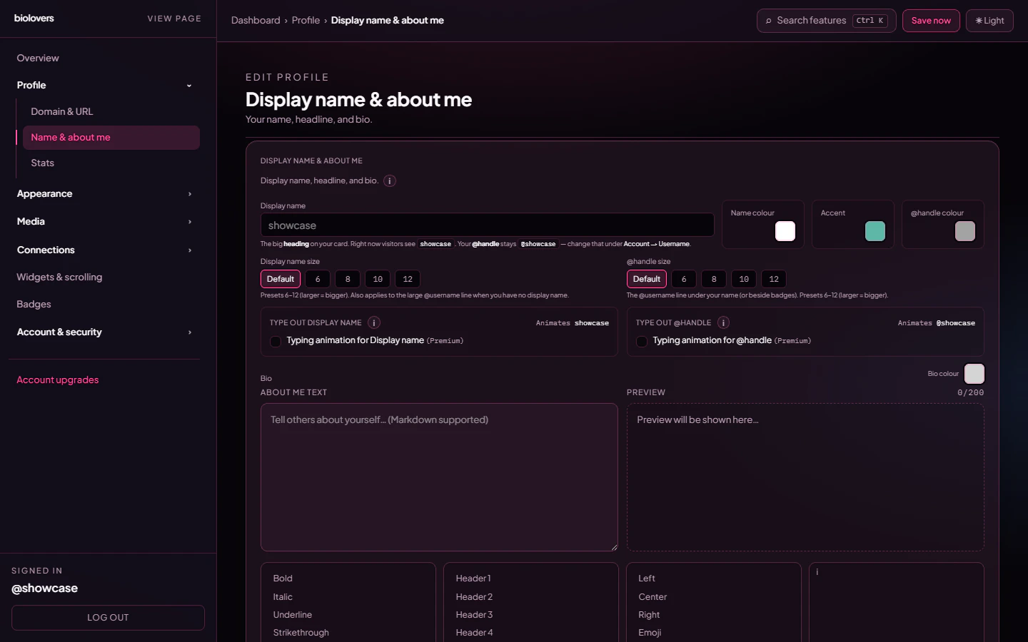 Display name and about me panel