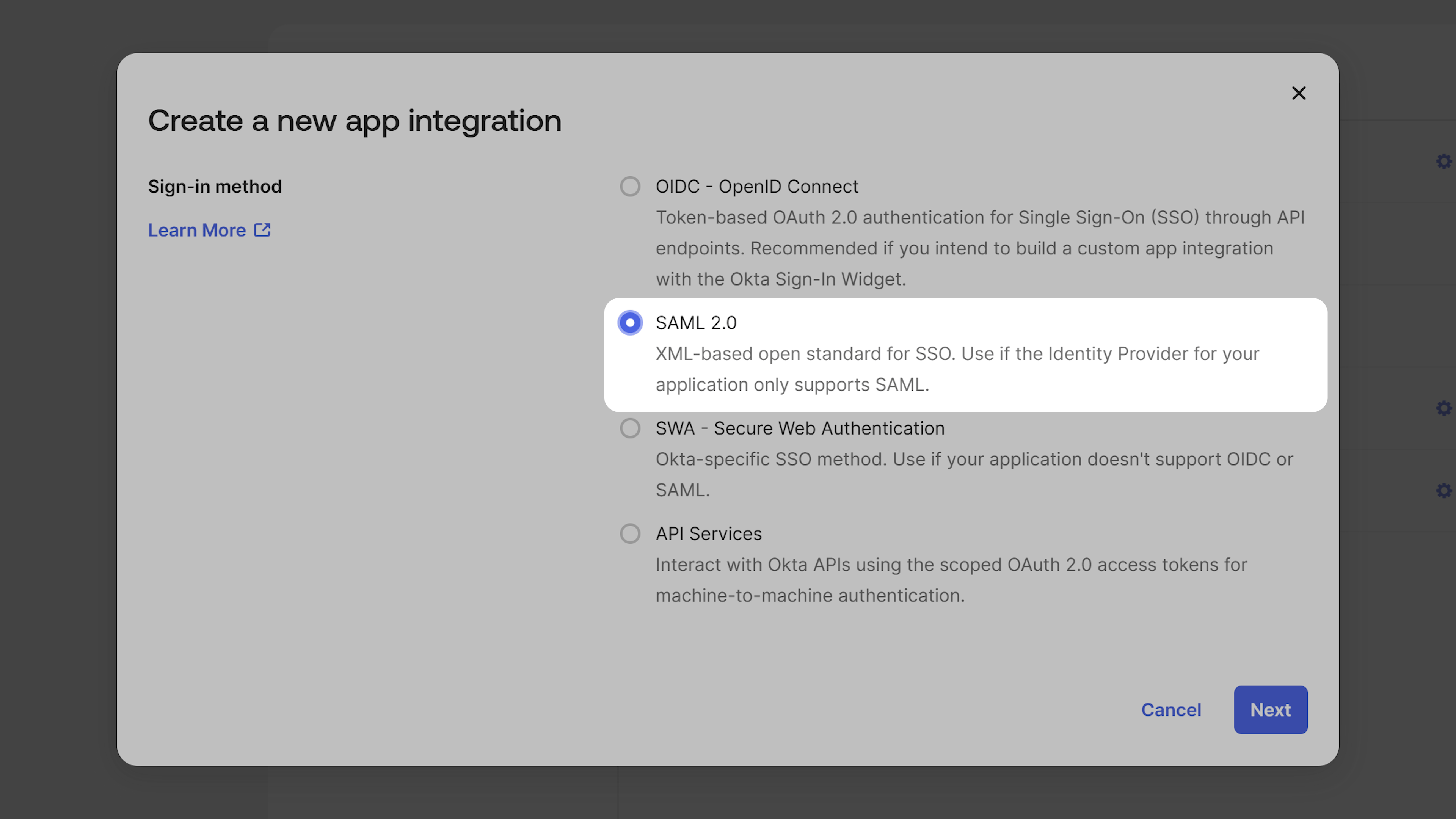 Select SAML 2.0