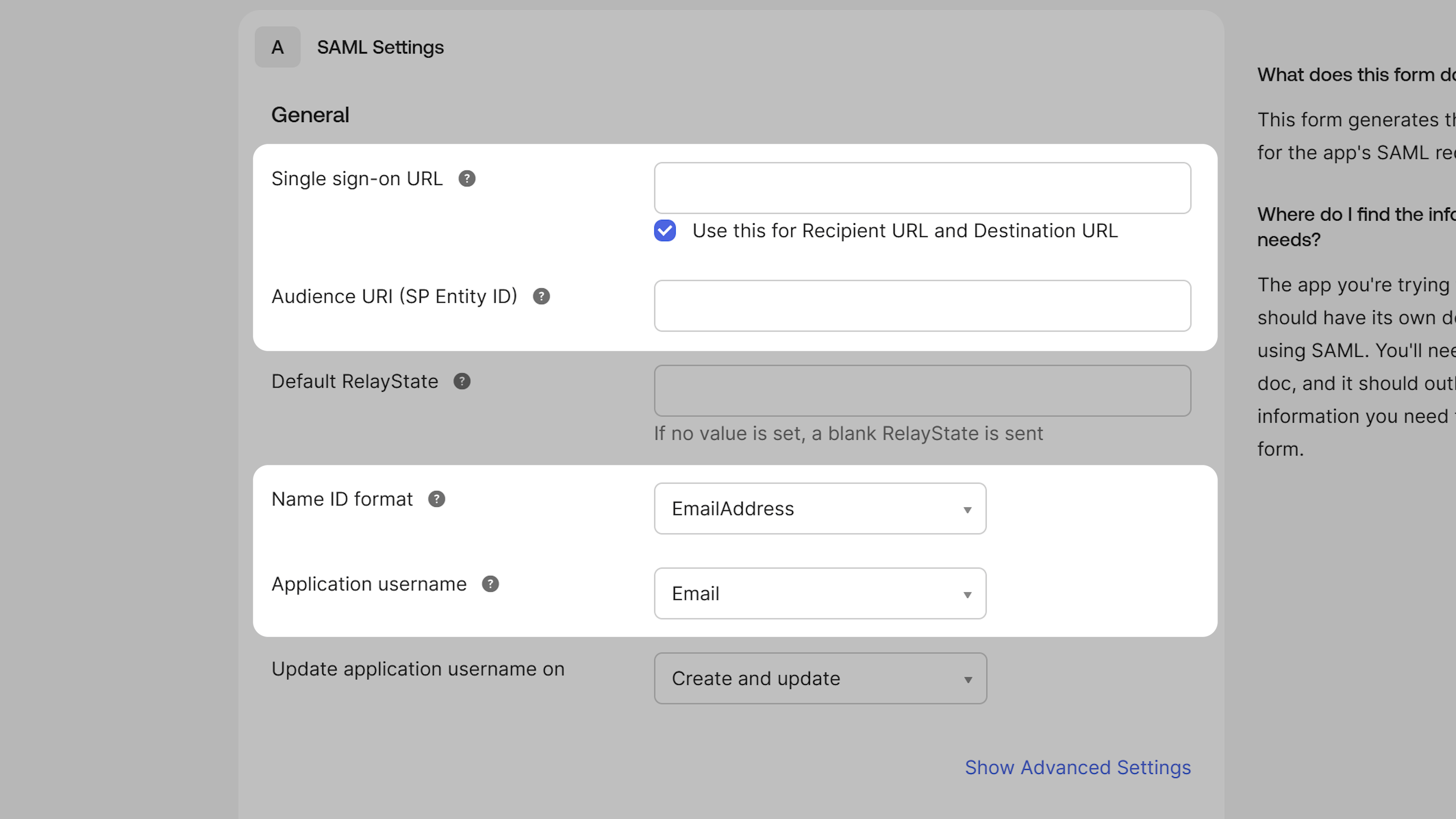 SAML Settings configuration