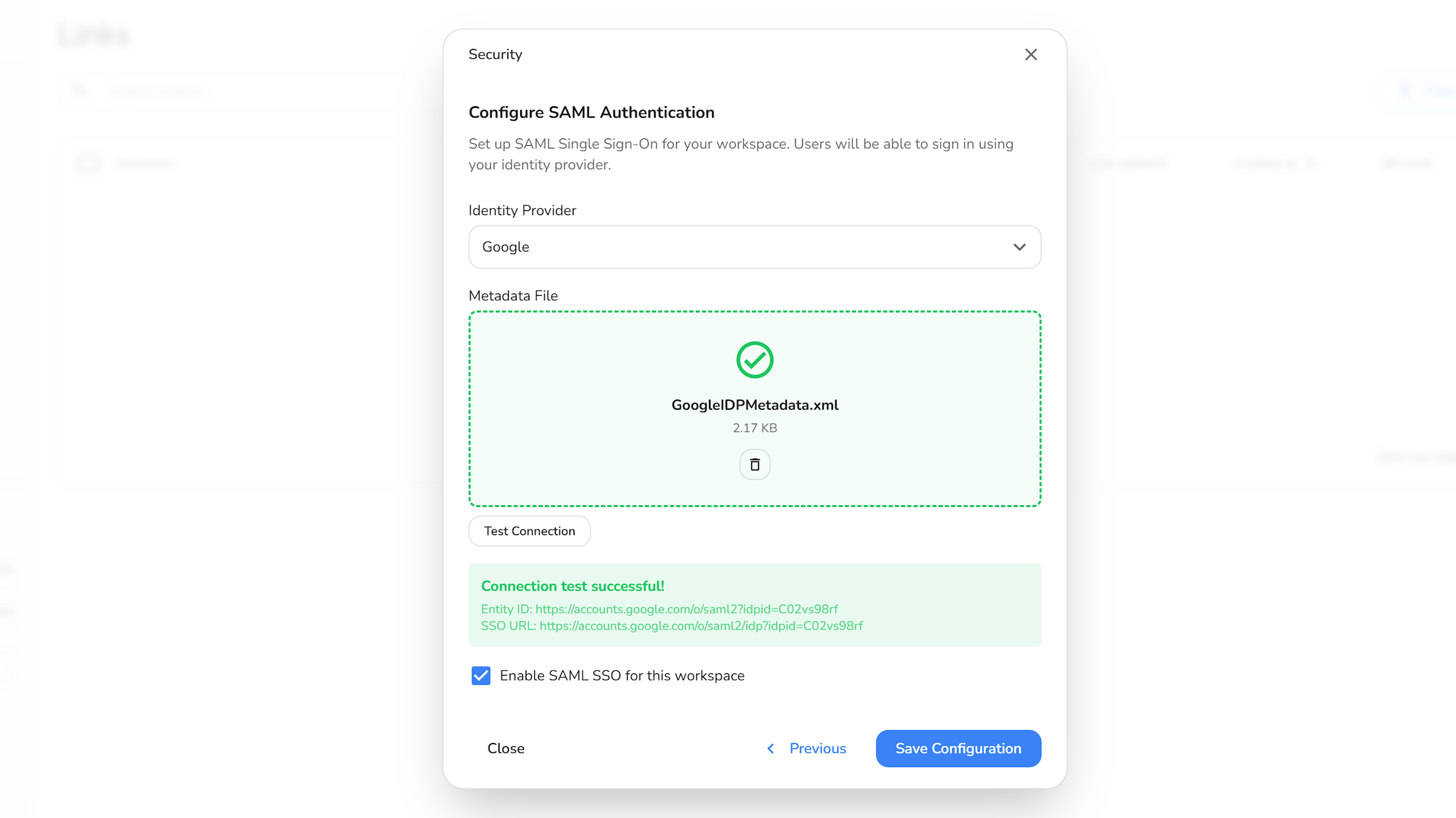 Biqli SAML Configuration modal