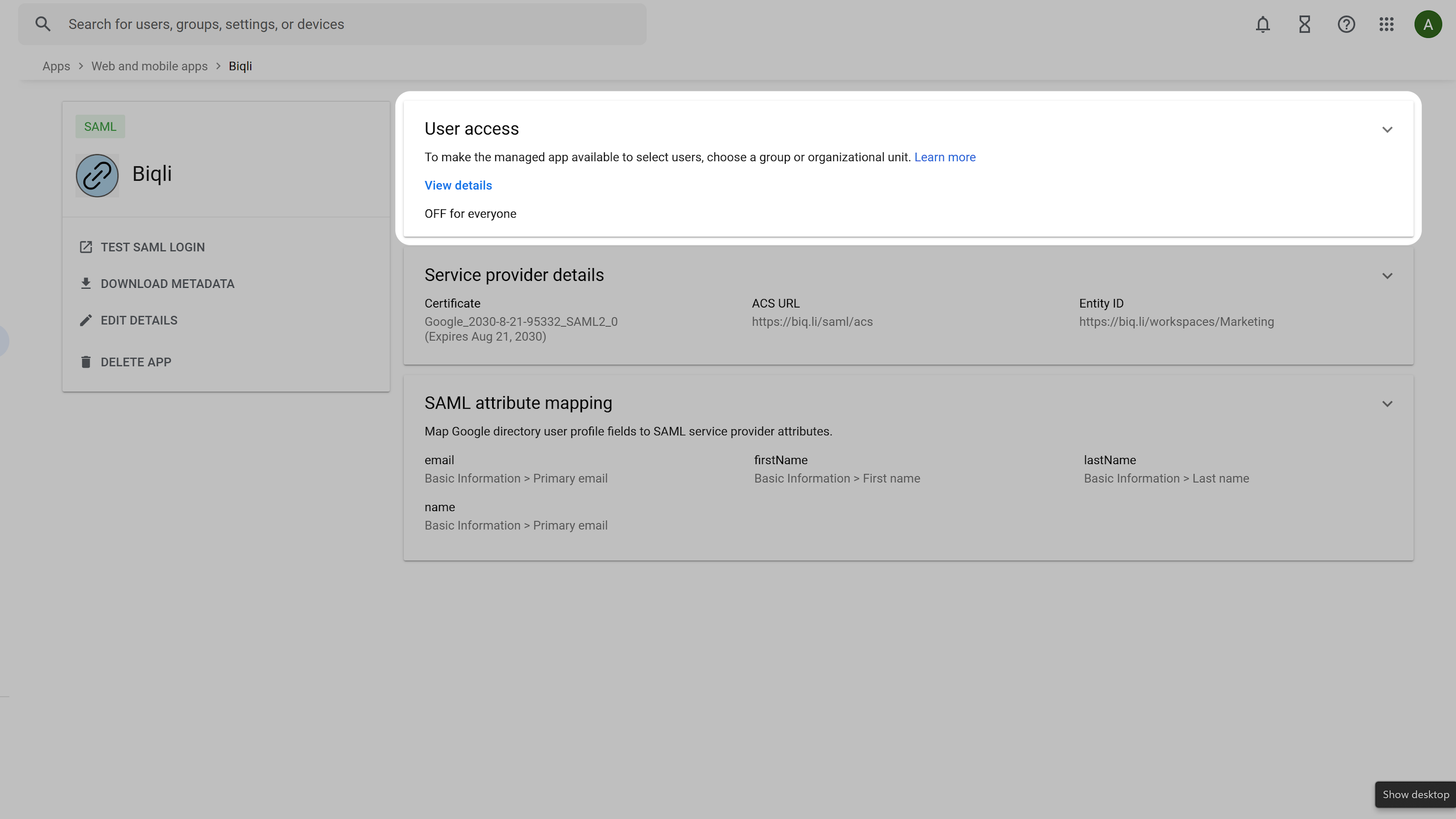 Select User Access Settings