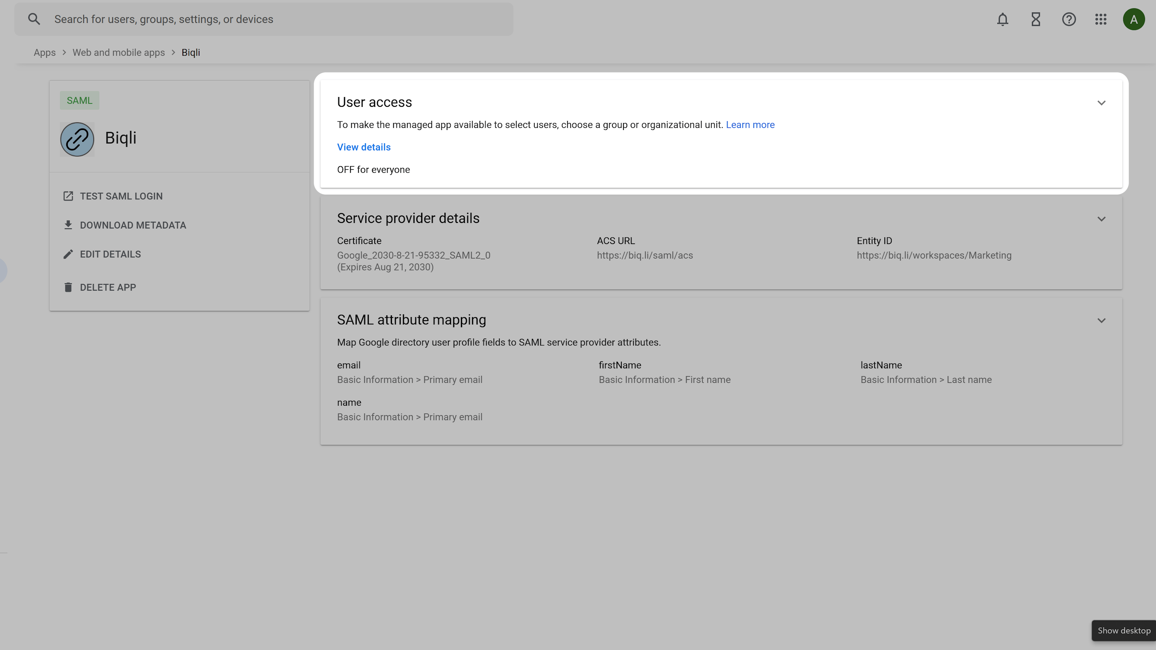 Select User Access Settings