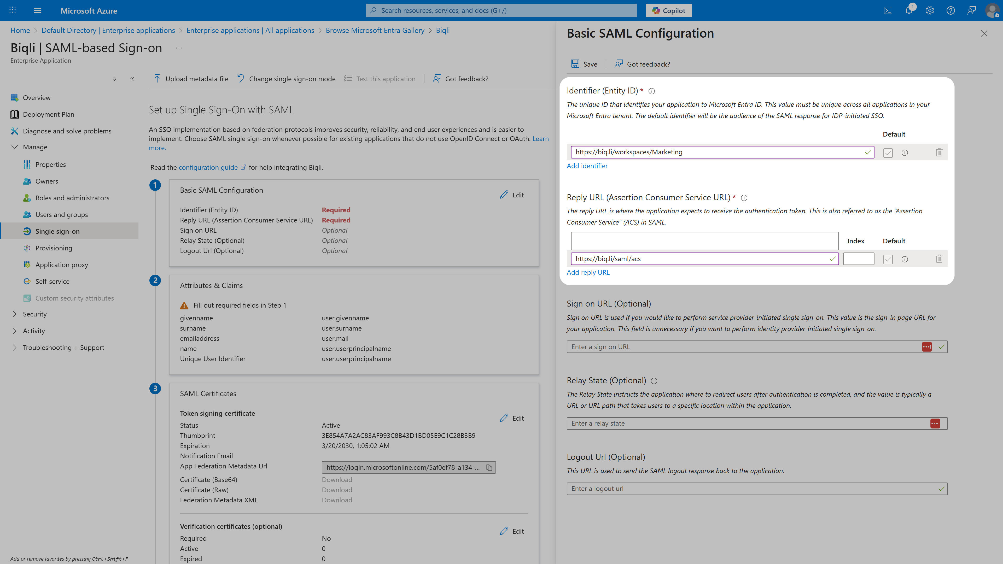 Configure Basic SAML Settings