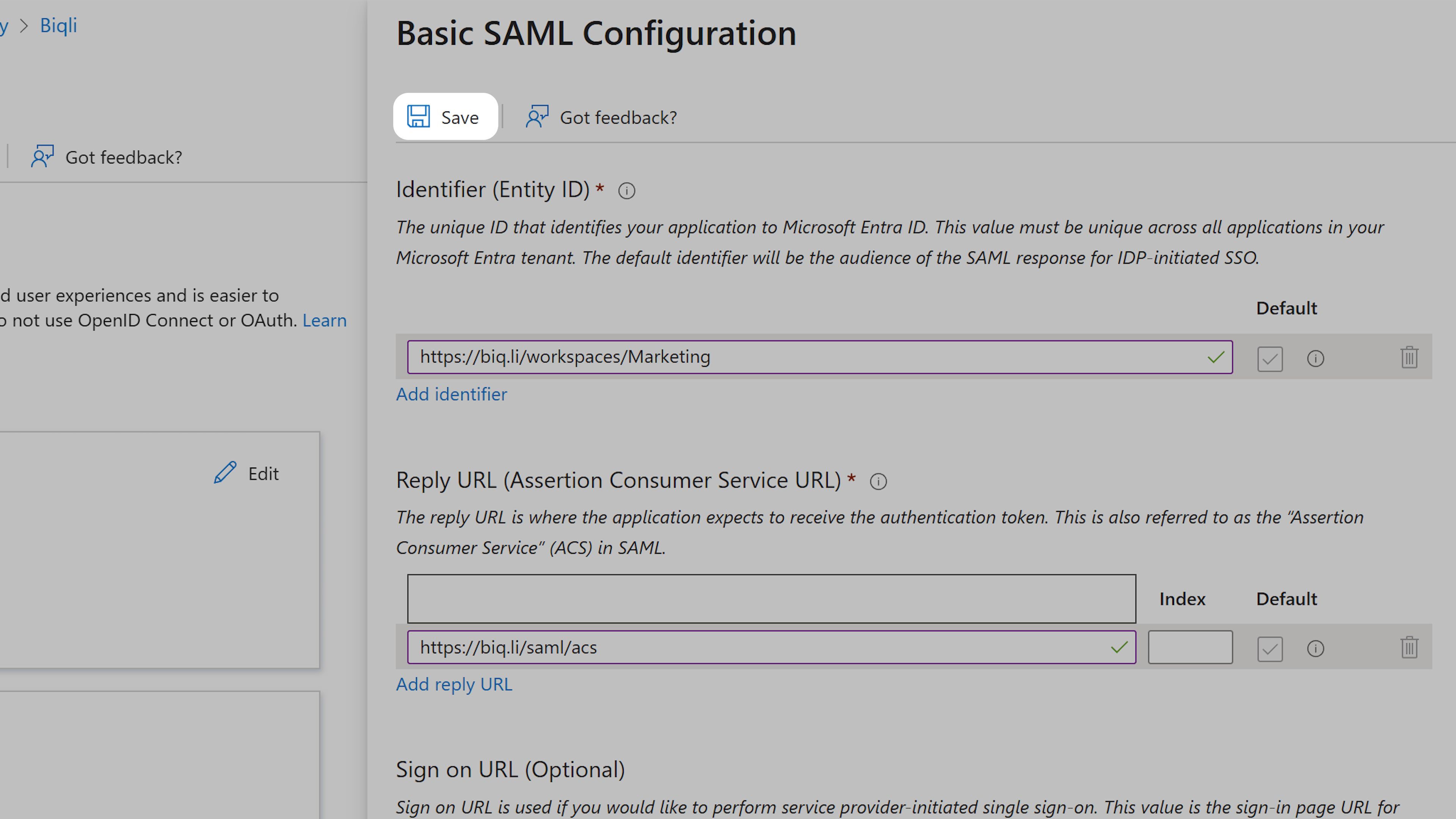 Save Basic SAML Settings