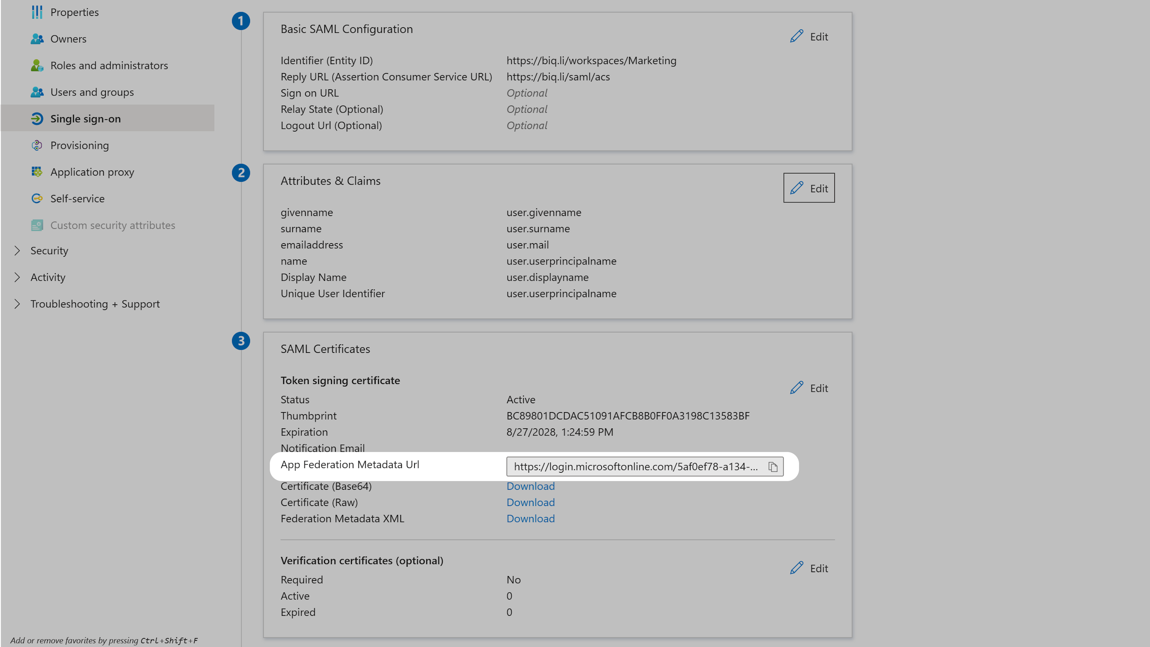 Copy App Federation Metadata URL