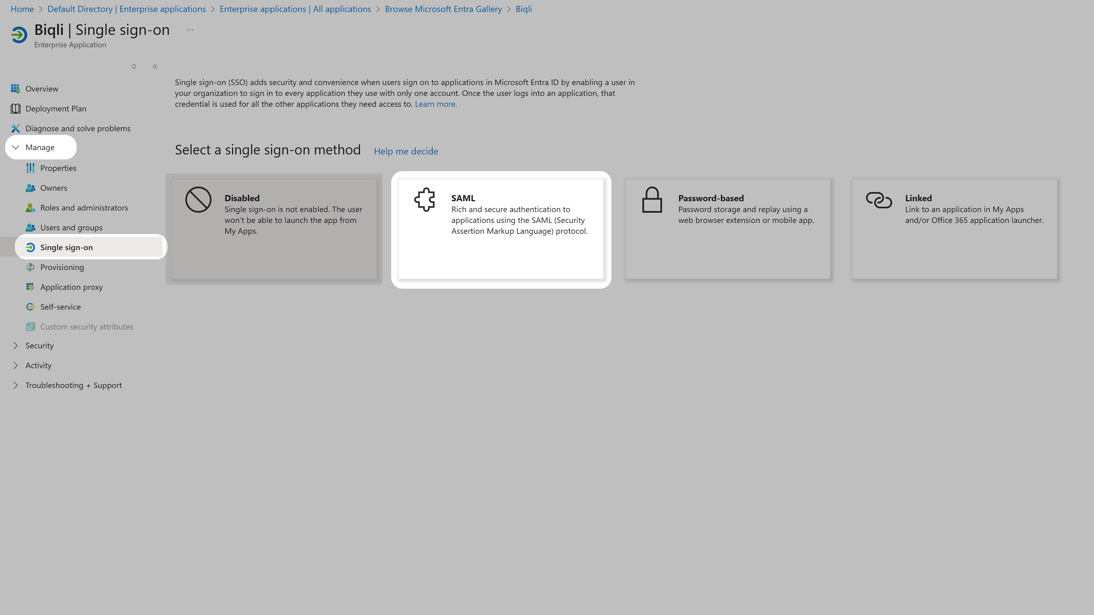 Select SAML Single Sign-On
