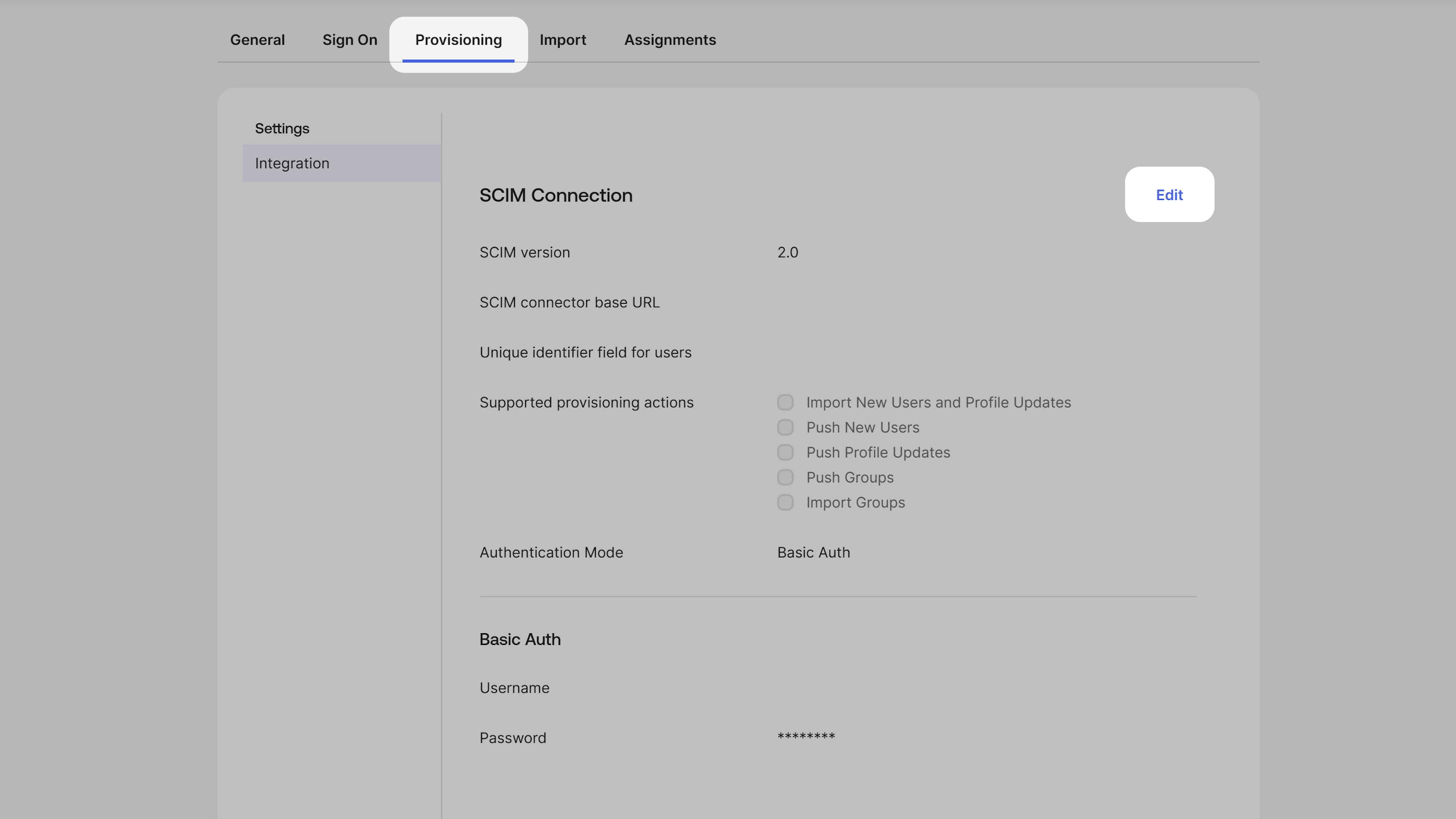 Okta Provisioning Settings