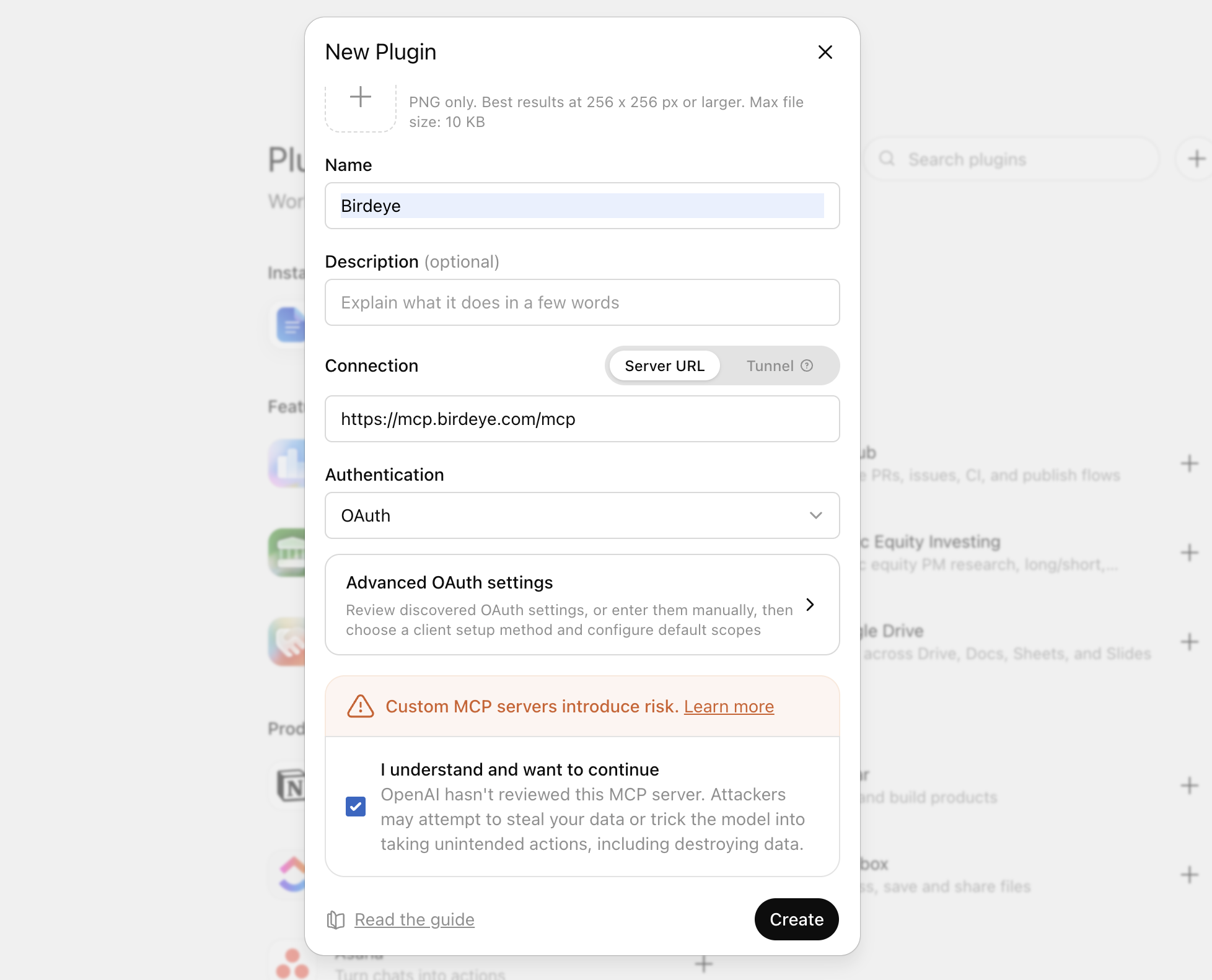 ChatGPT New Plugin dialog with Birdeye name, MCP URL, and OAuth selected