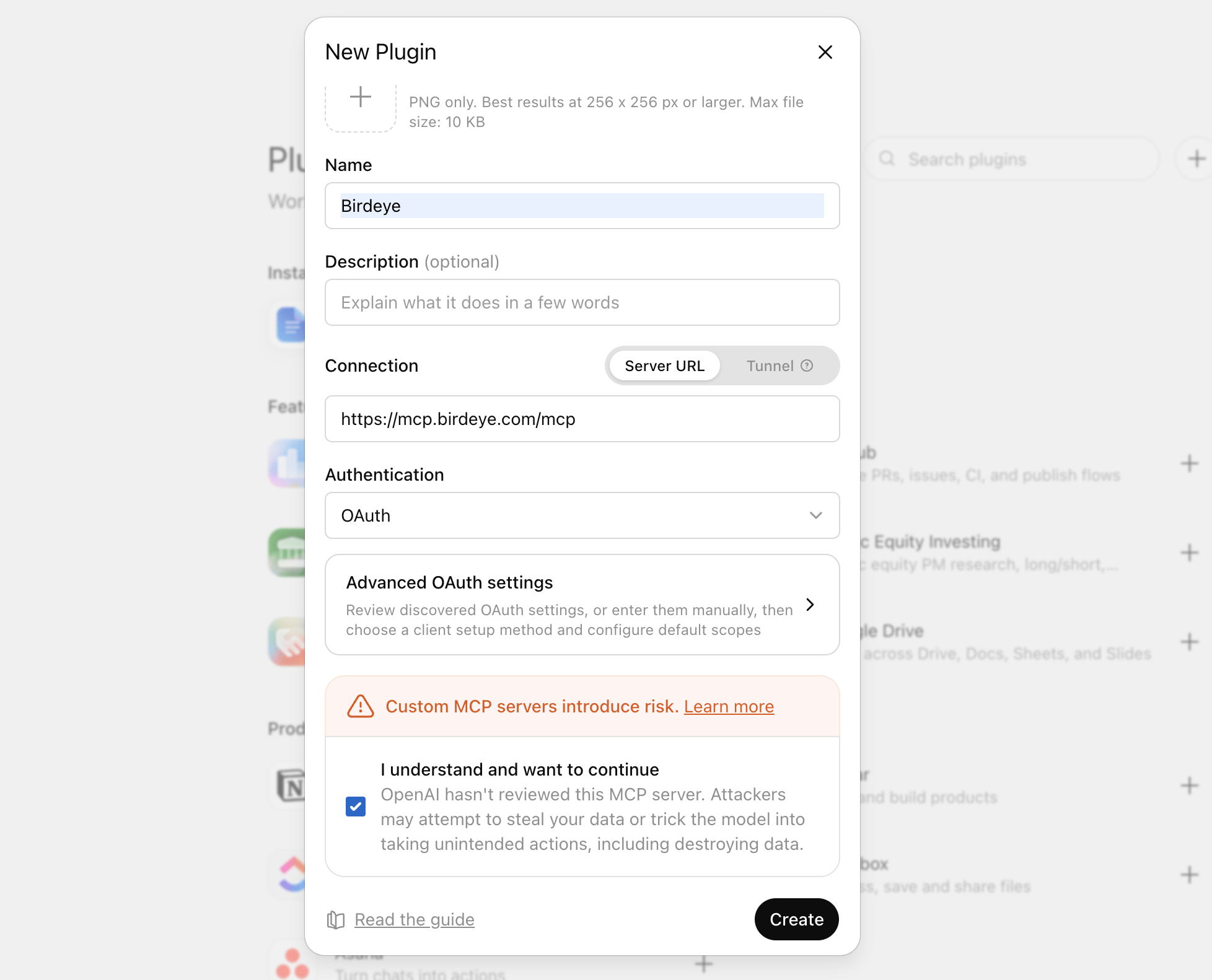 ChatGPT New Plugin dialog with Birdeye name, MCP URL, and OAuth selected