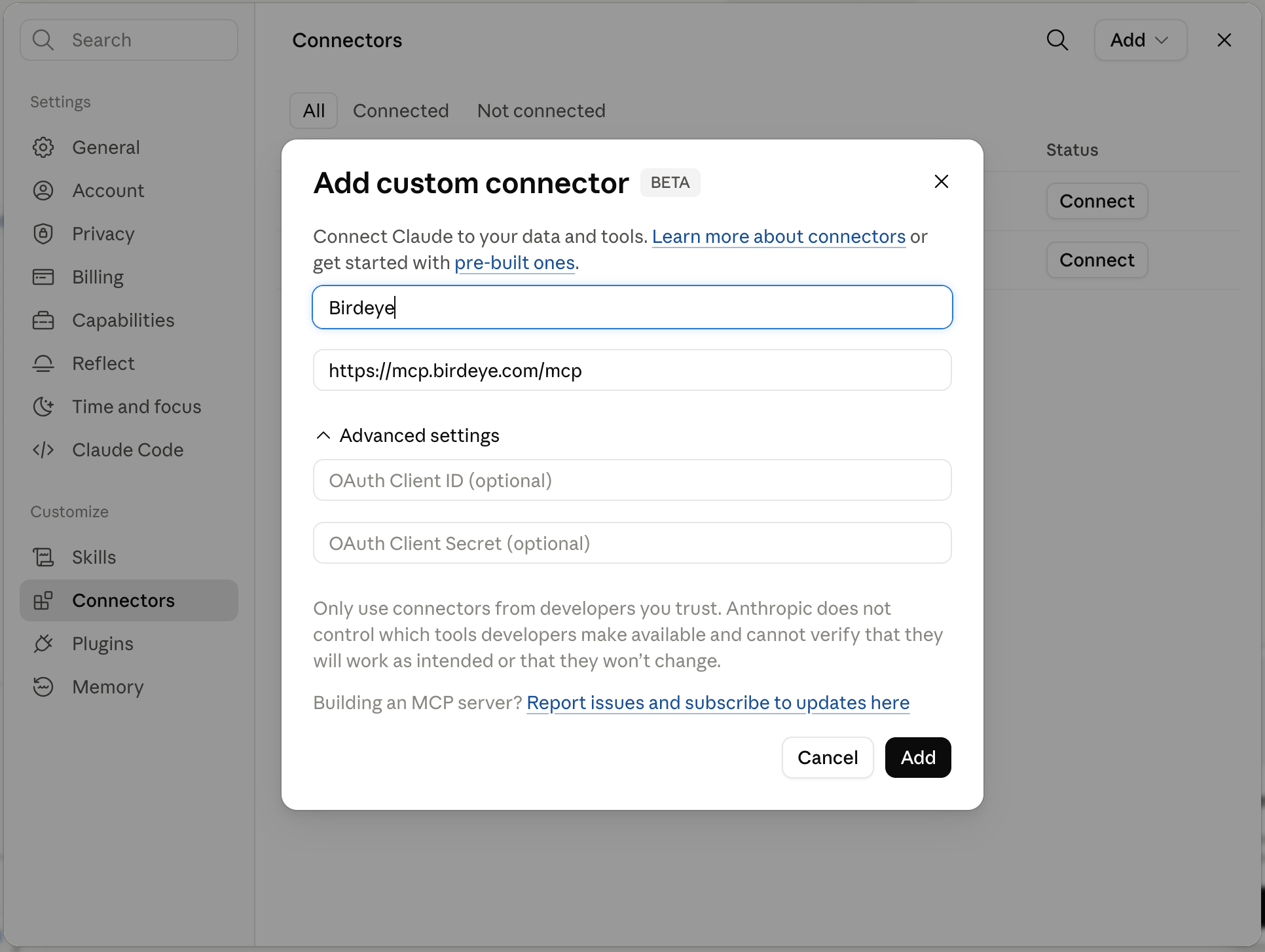 Claude Add custom connector dialog with Birdeye name and MCP URL filled in