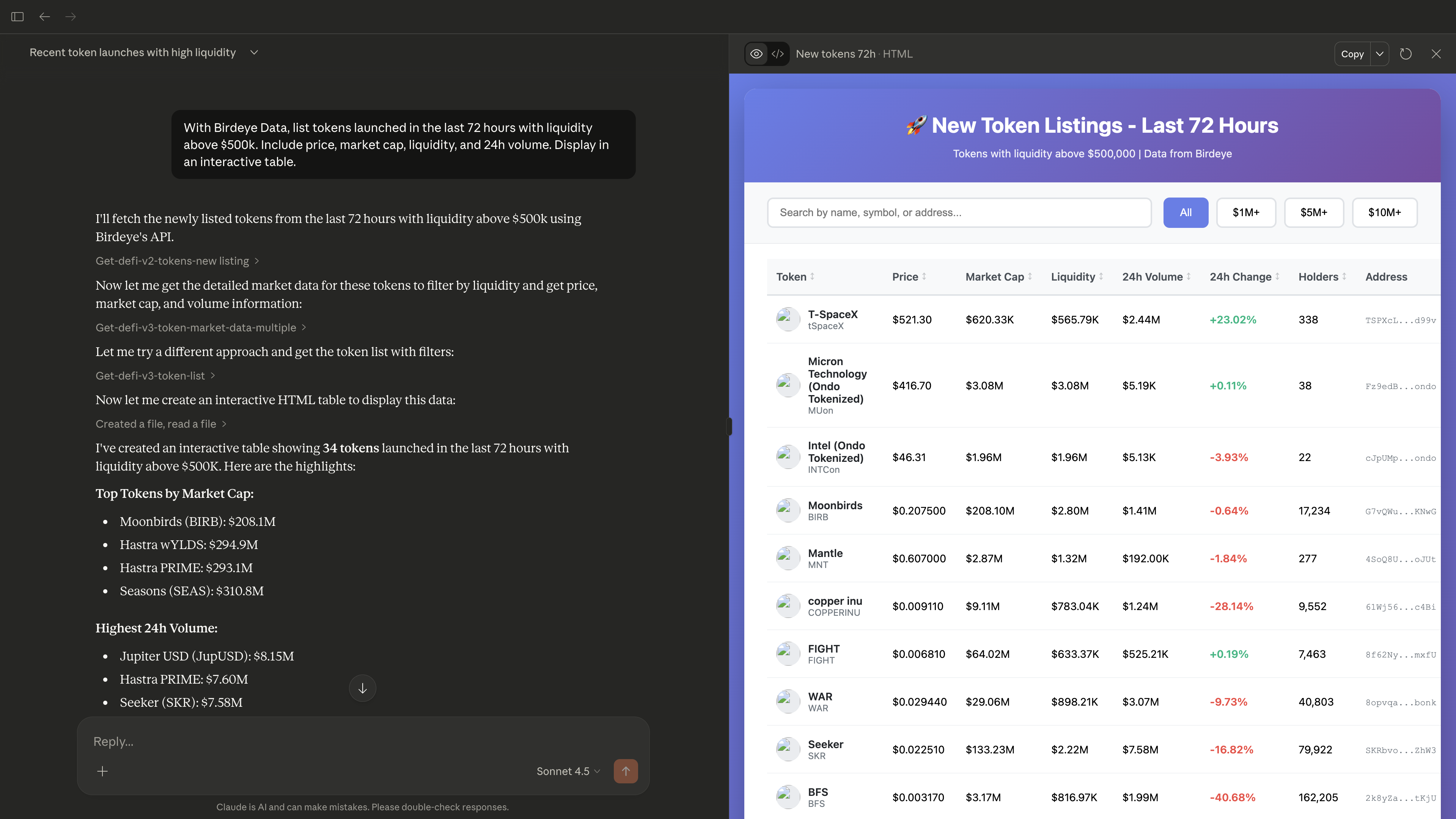 An interactive table of tokens launched in the last 72 hours, built with Claude and Birdeye MCP