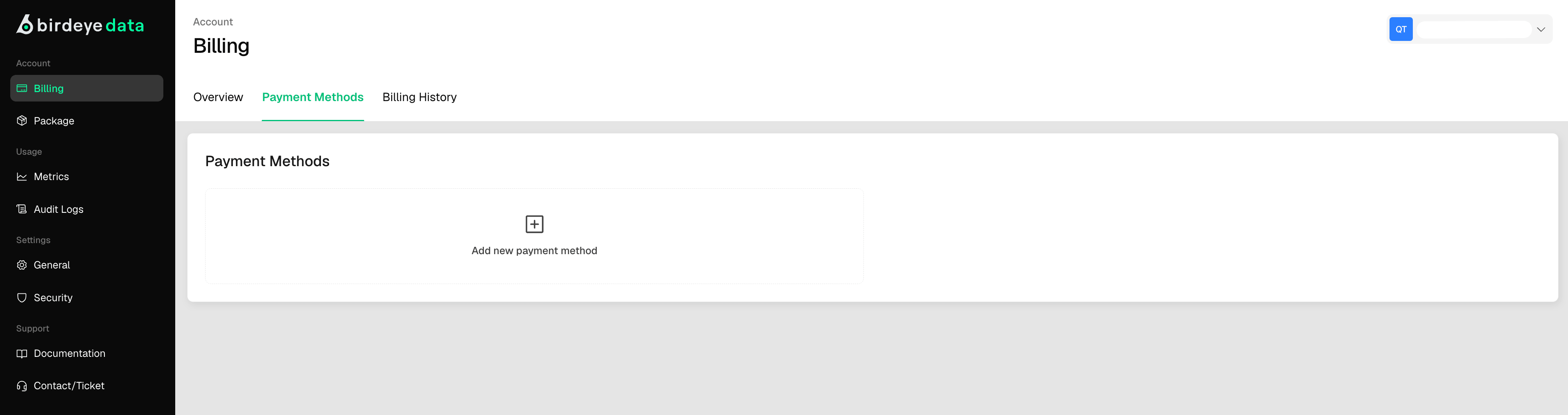 Birdeye Data Payment Methods Screen