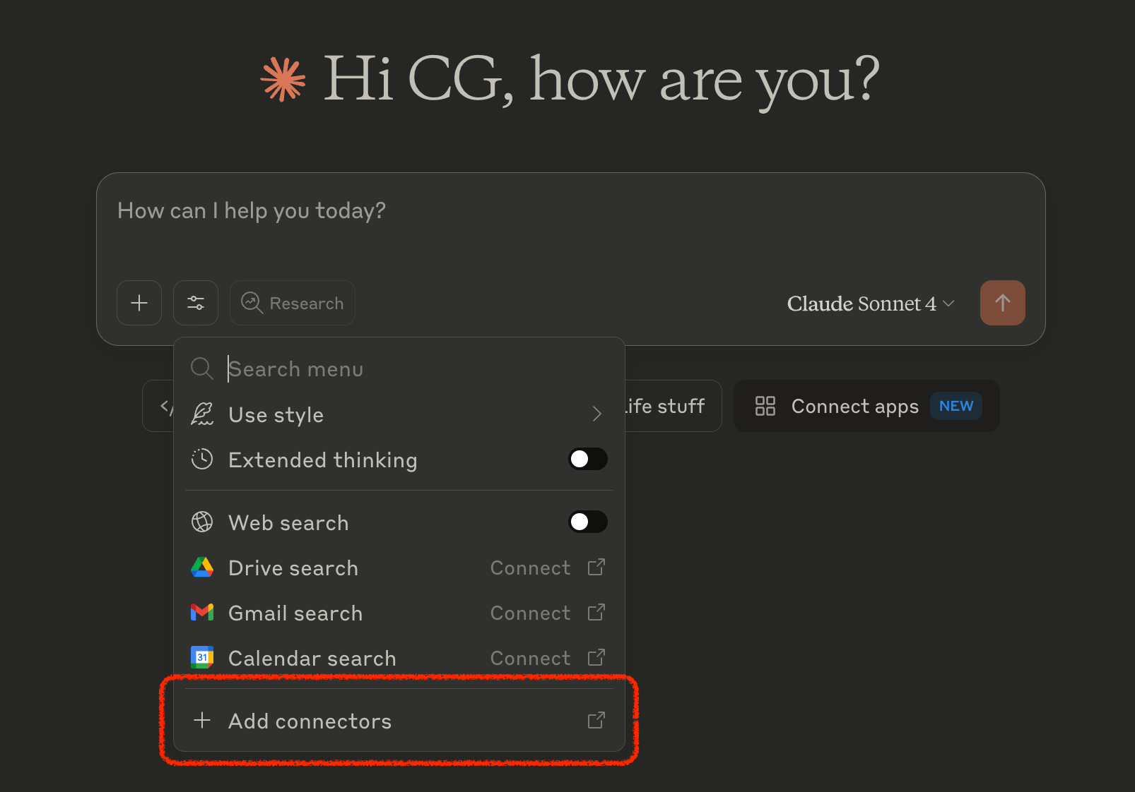 Add connectors option in the Claude chat menu