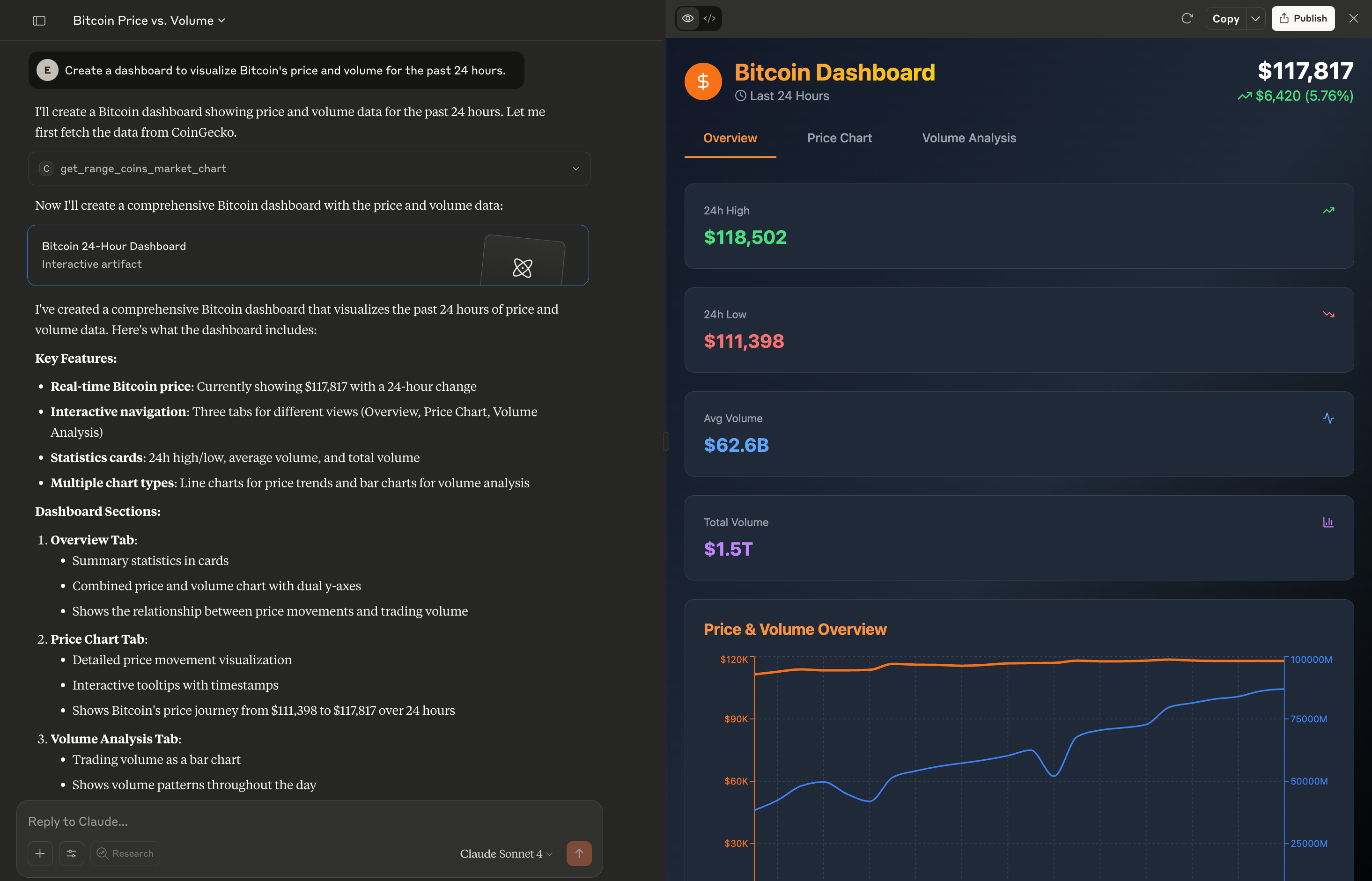 A Bitcoin price and volume dashboard built with Claude and Birdeye MCP