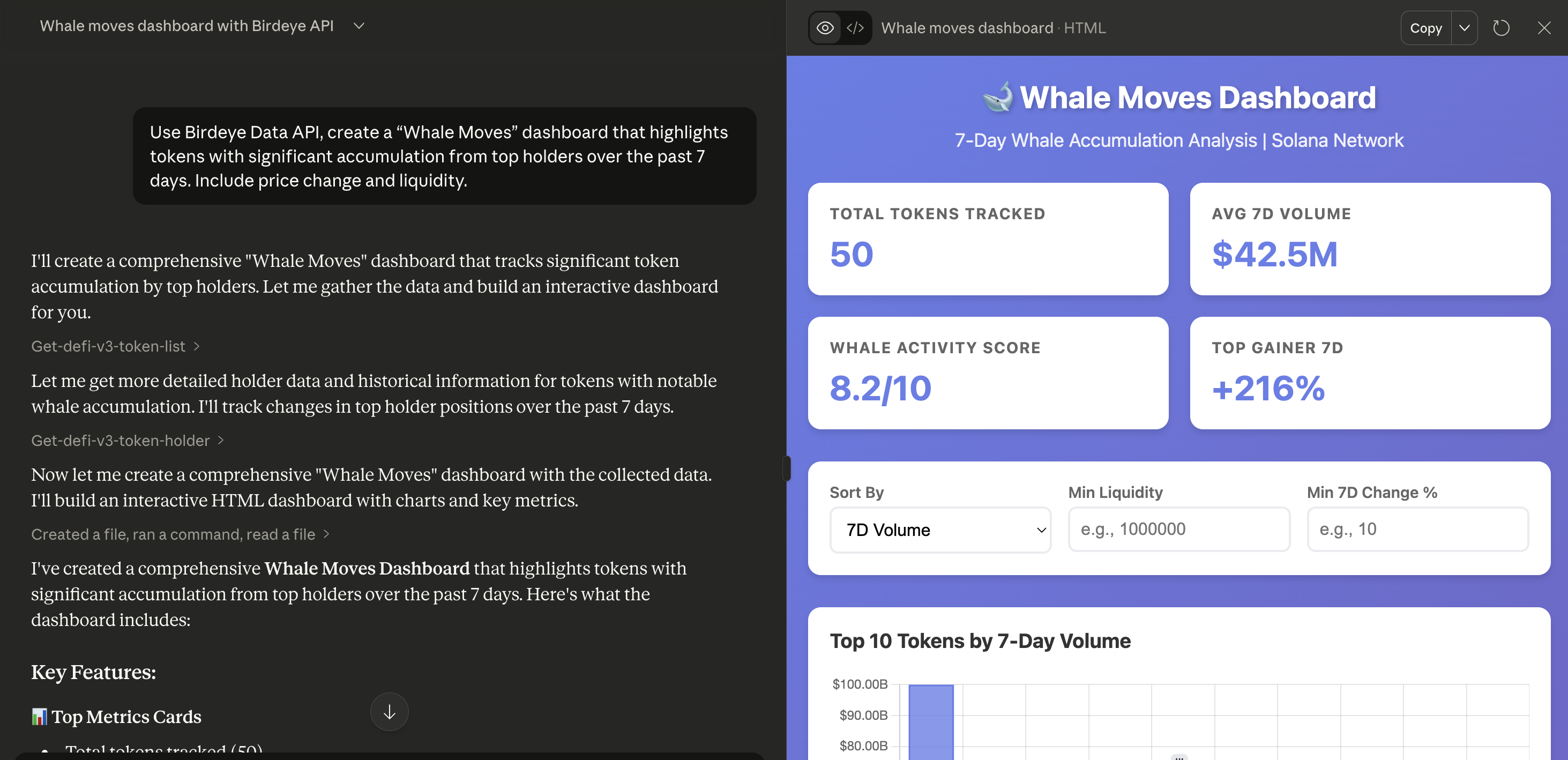 A Whale Moves dashboard tracking 7 day token accumulation, built with Claude and Birdeye MCP