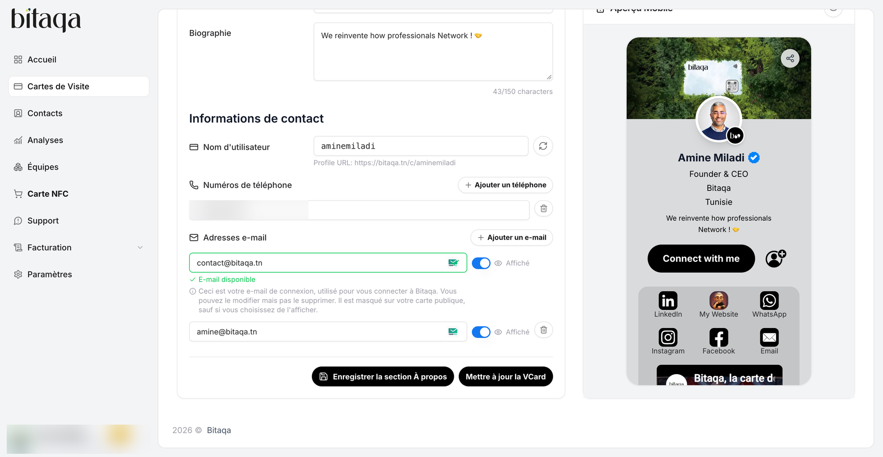 Contact information section: username, phone numbers and email addresses