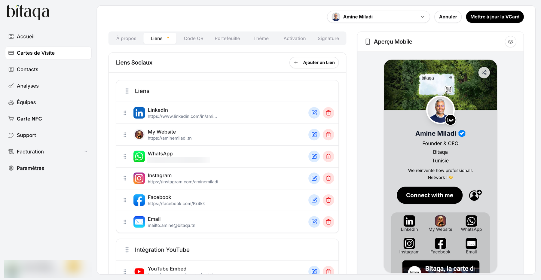 Liens tab: social links, YouTube integration and Ajouter un Lien button