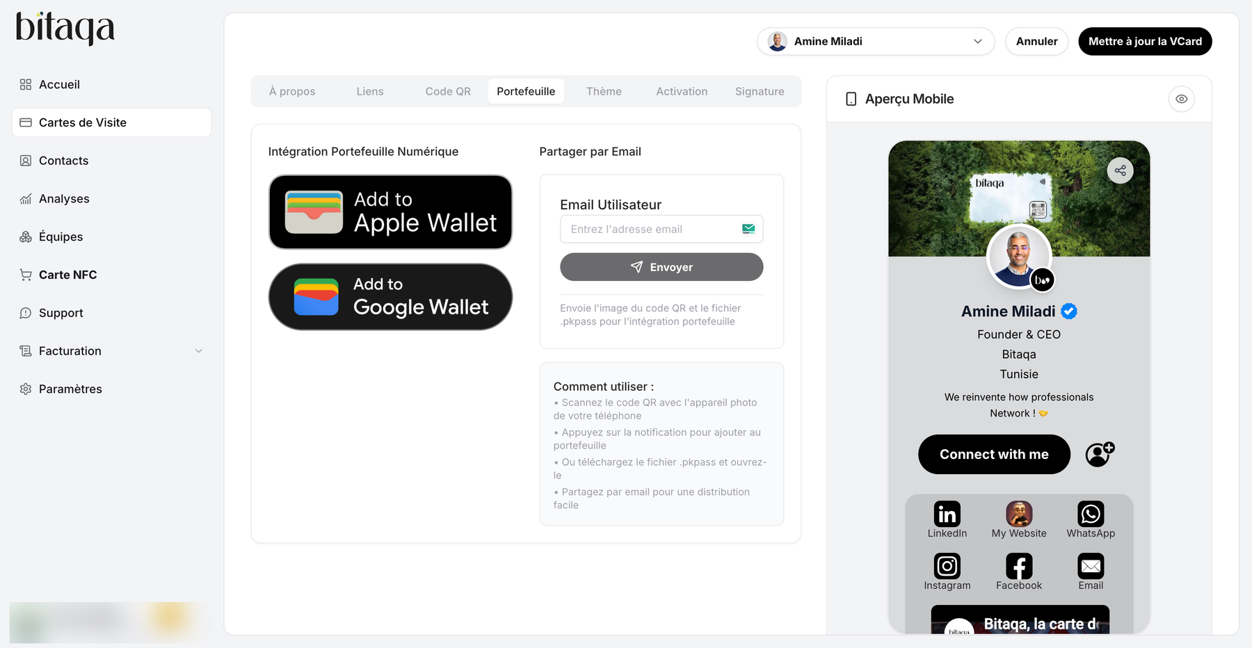 Portefeuille tab: Apple Wallet, Google Wallet and share by email