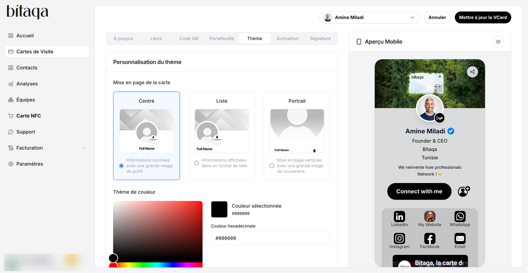 Thème tab: card layout and color theme