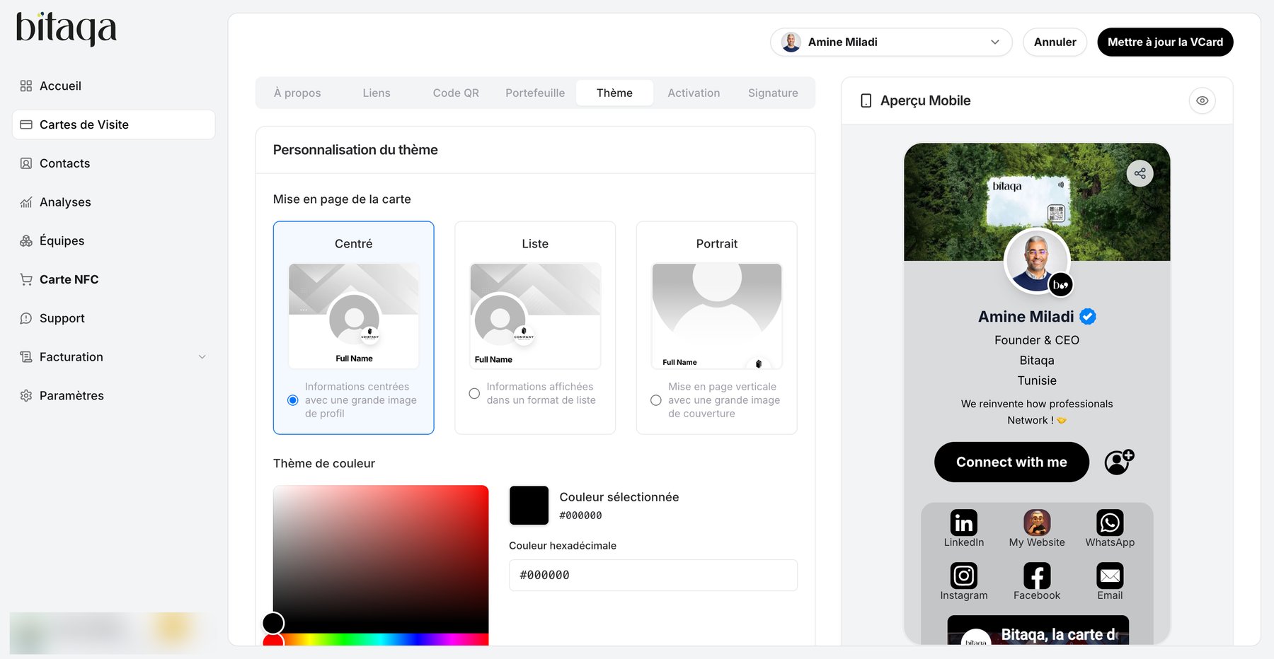 Thème tab: card layout and color theme
