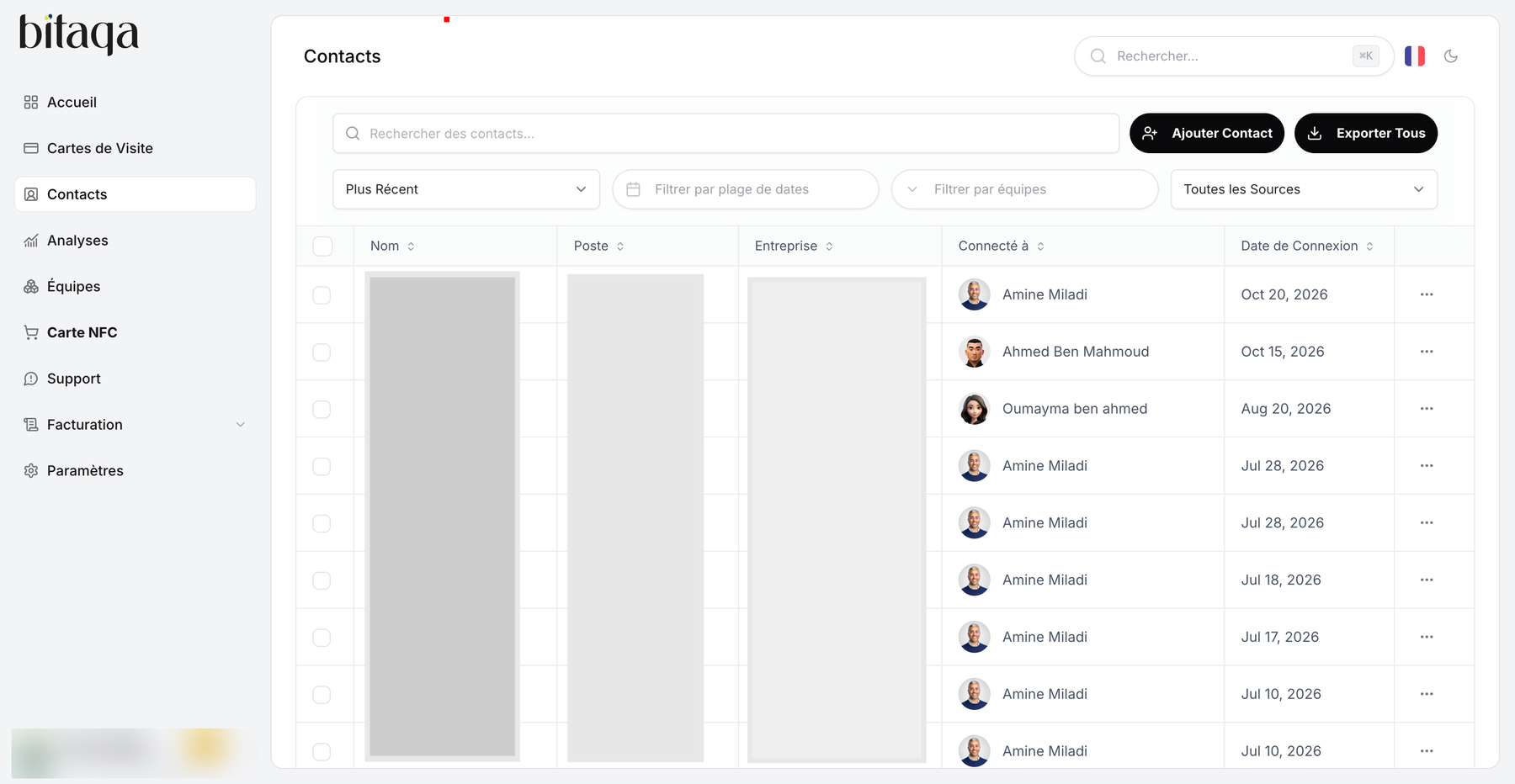 Contacts page with filters and the Ajouter Contact and Exporter Tous buttons