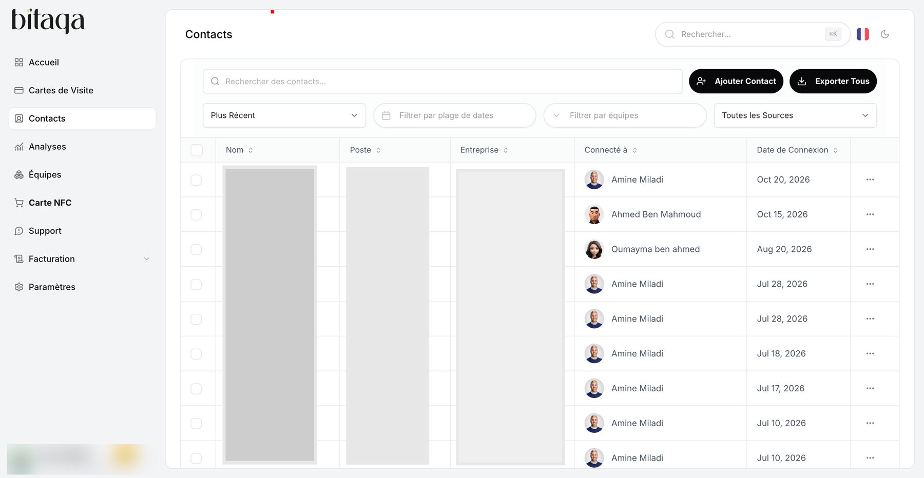 Contacts page with filters and the Ajouter Contact and Exporter Tous buttons