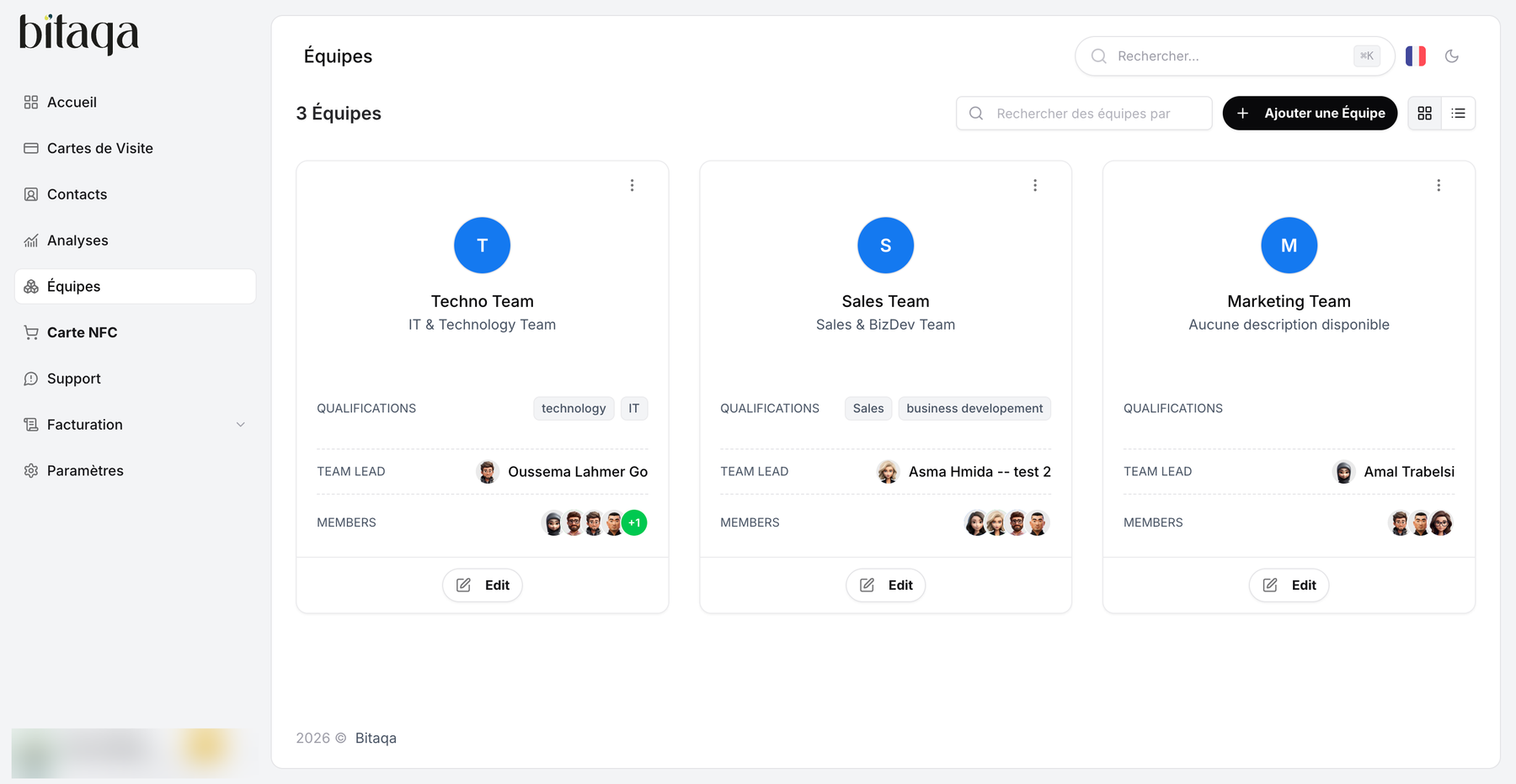 Teams page with the list of teams and the Ajouter une Équipe button