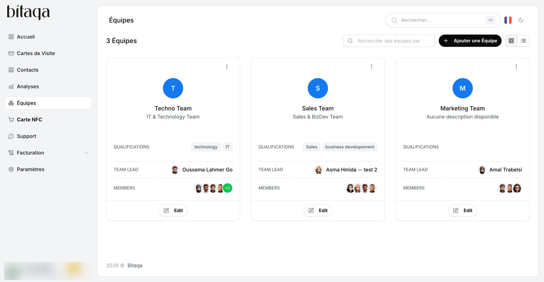 Teams page with the list of teams and the Ajouter une Équipe button