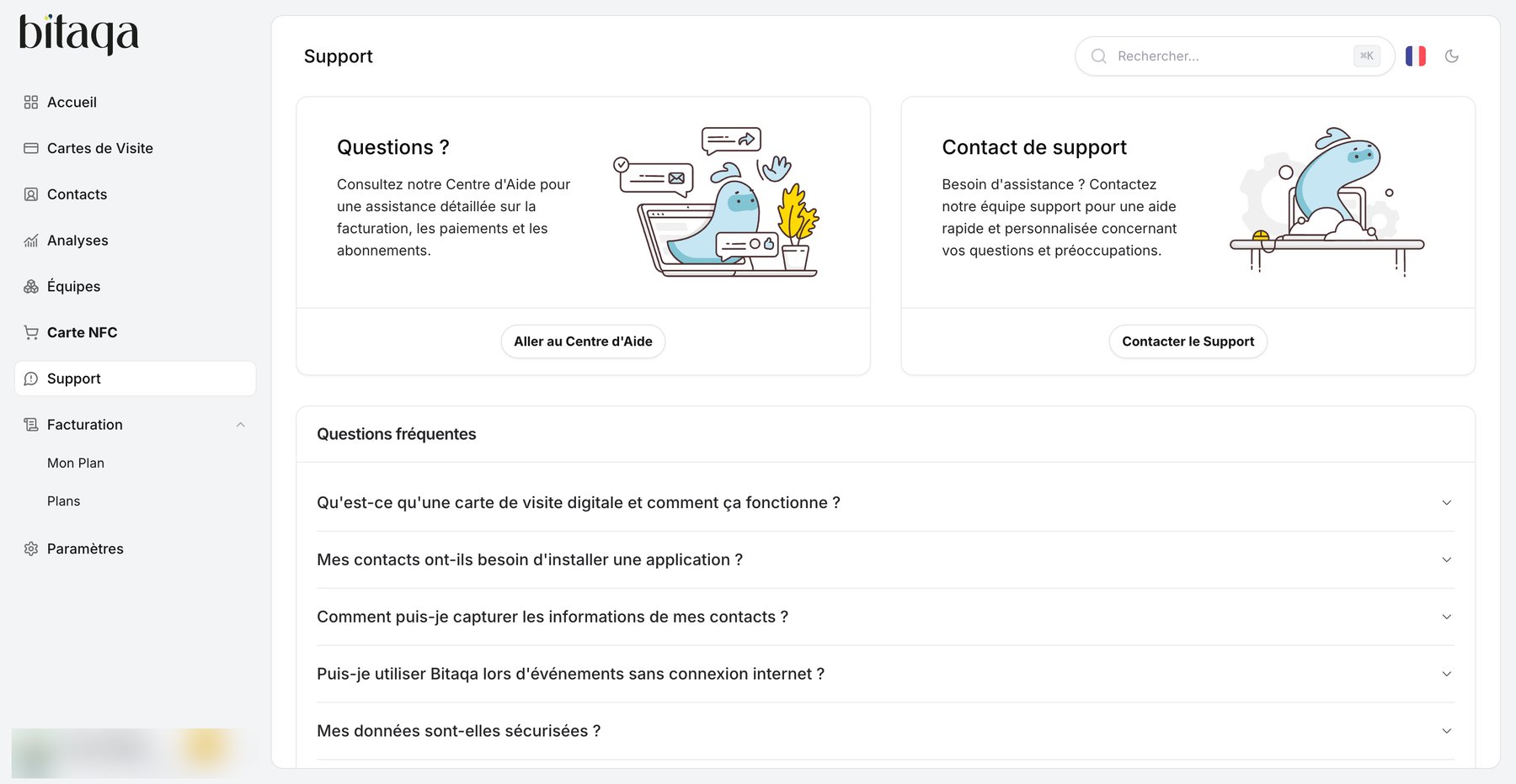 Page Support avec Aller au Centre d'Aide, Contacter le Support et les questions fréquentes