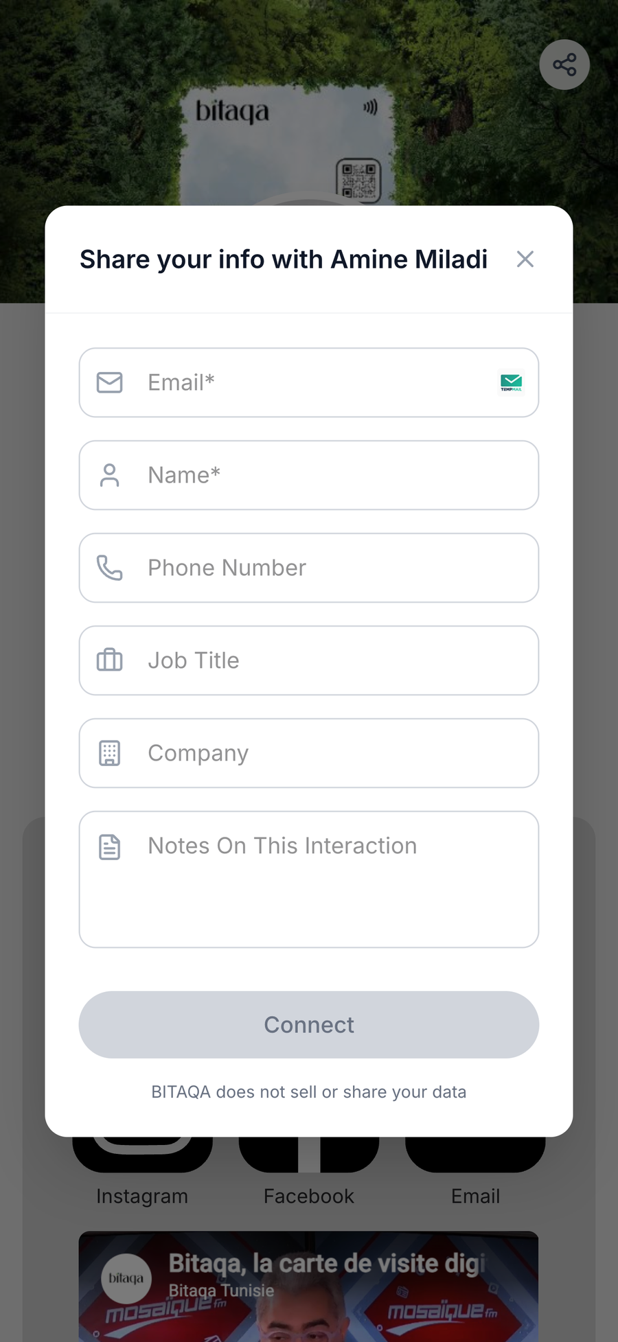 “Share your info with” form shown to your contact