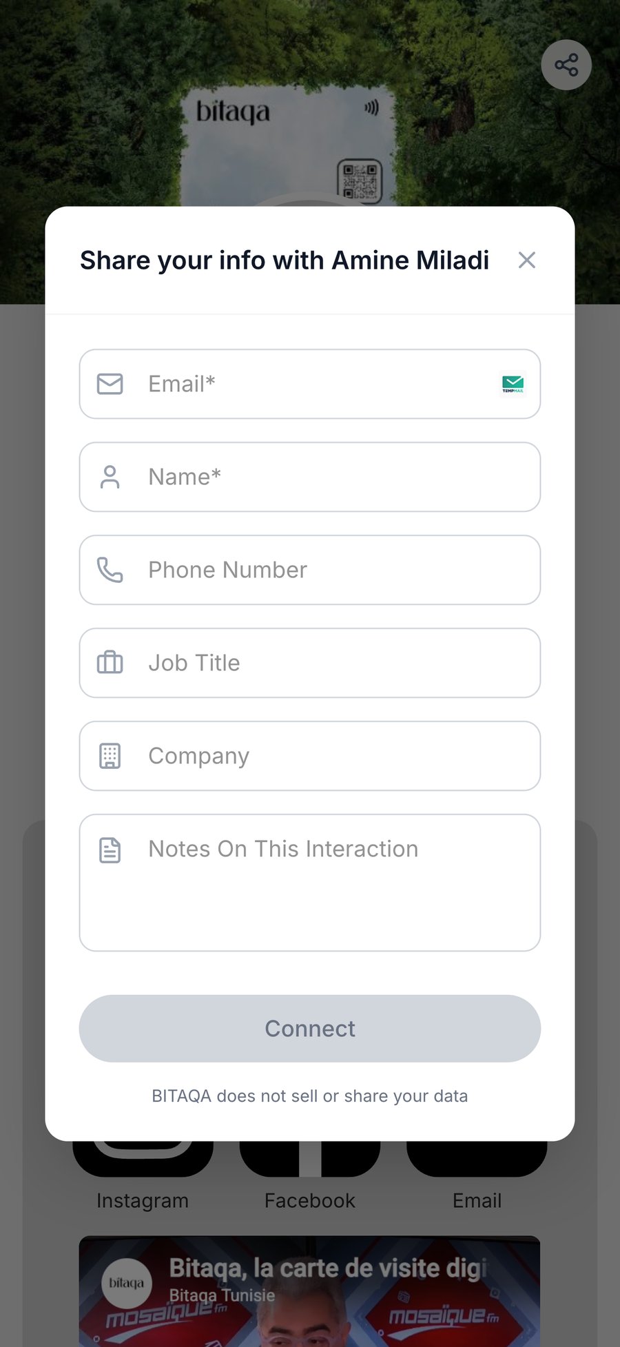“Share your info with” form shown to your contact