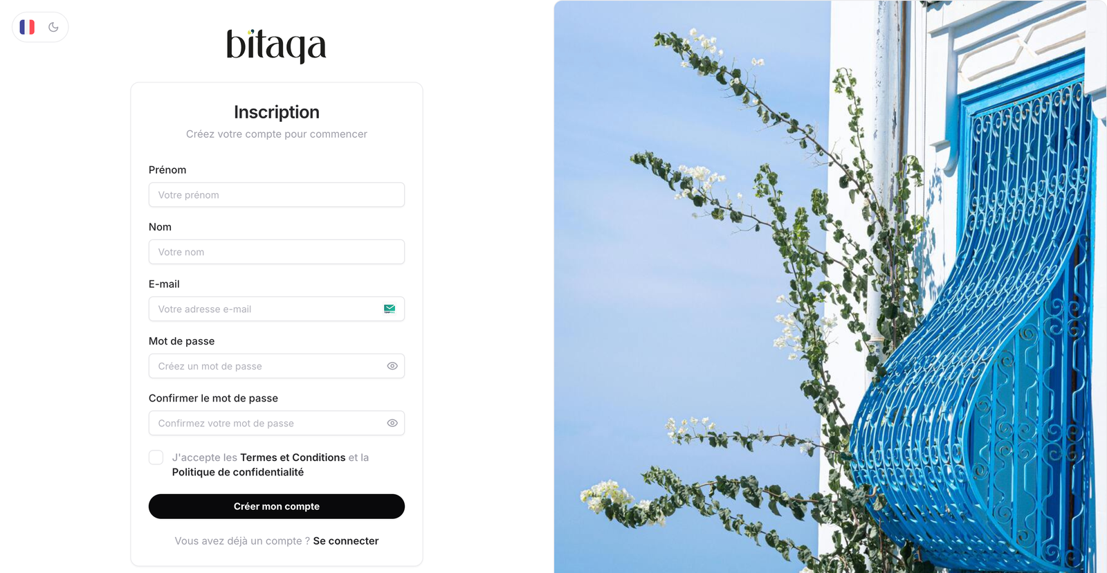 Sign-up page: first name, last name, email, password and Créer mon compte button