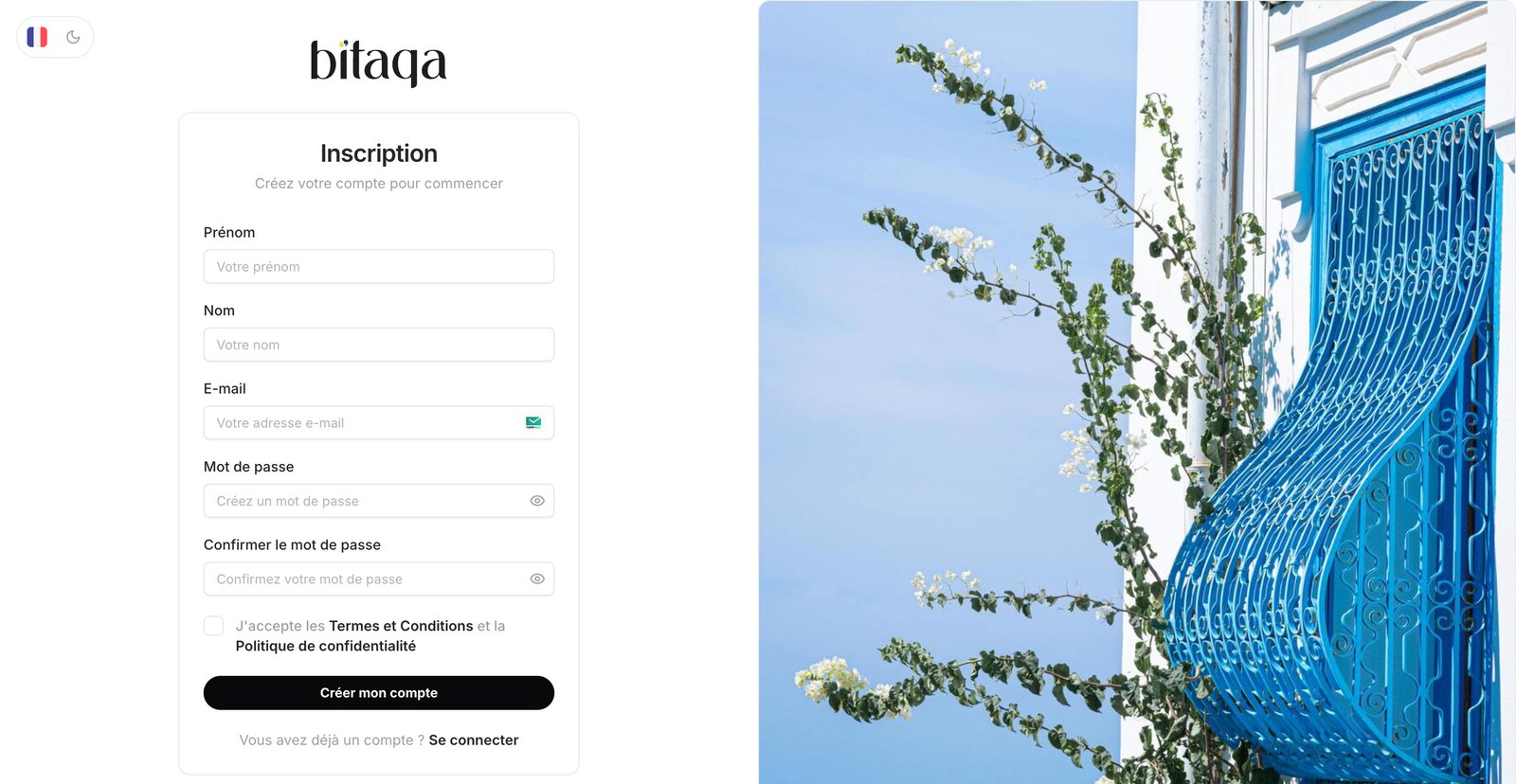 Sign-up page: first name, last name, email, password and Créer mon compte button