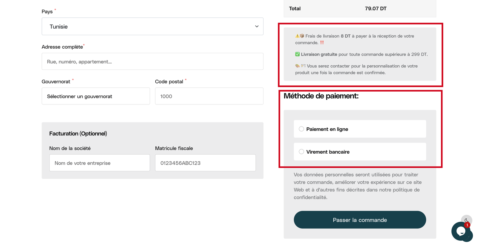 Page de commande : adresse de livraison, facturation, méthode de paiement et bouton Passer la commande