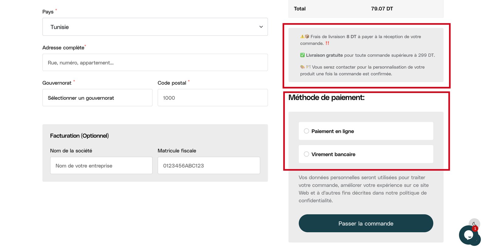 Checkout page: delivery address, billing, payment method and Passer la commande button