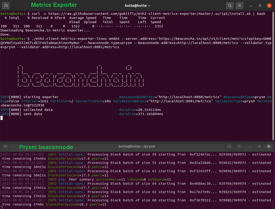 Screenshot: Prysm exporter sending data
