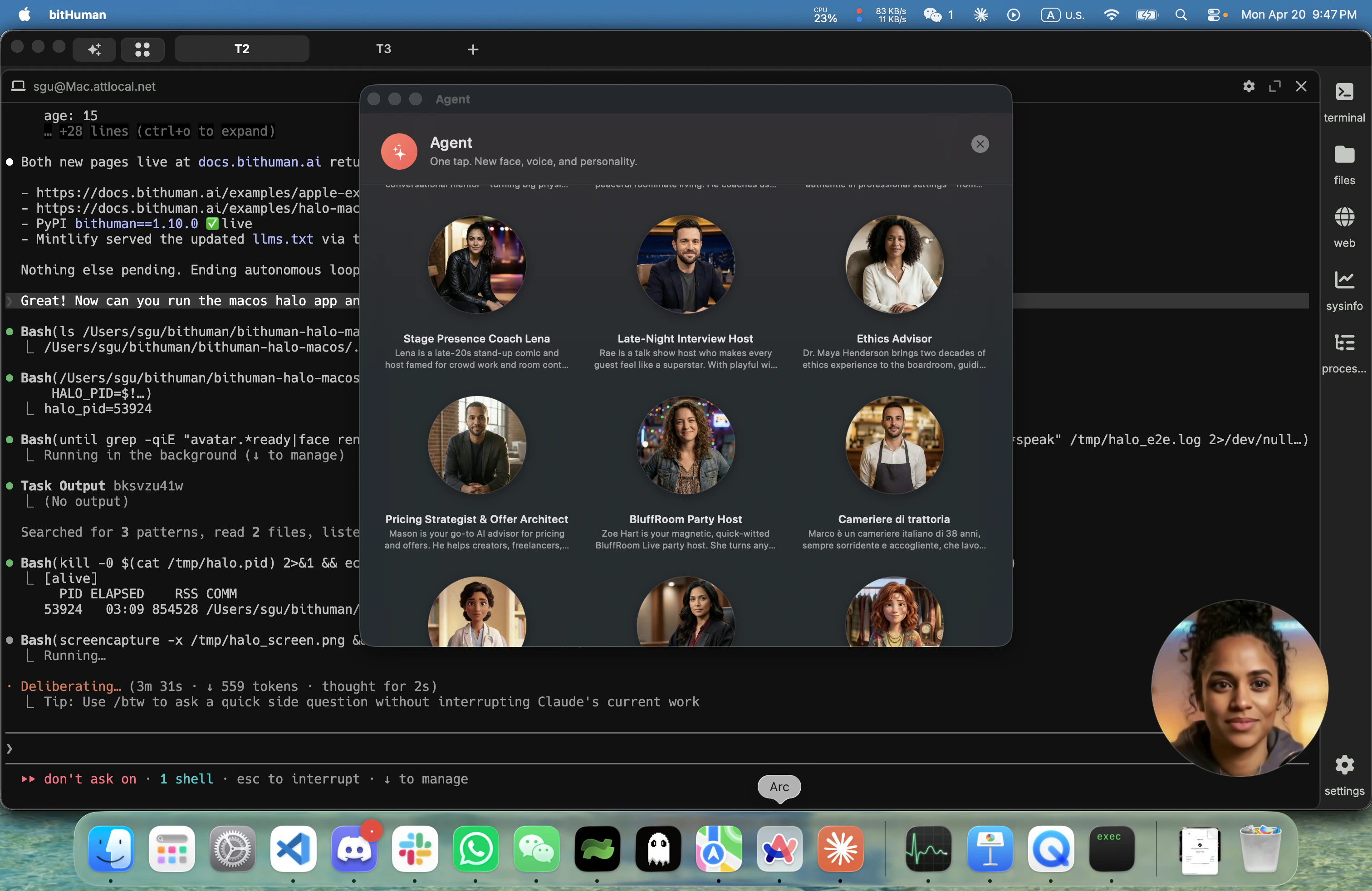 Halo Agent picker showing curated bitHuman personas — one tap to swap face, voice, and personality