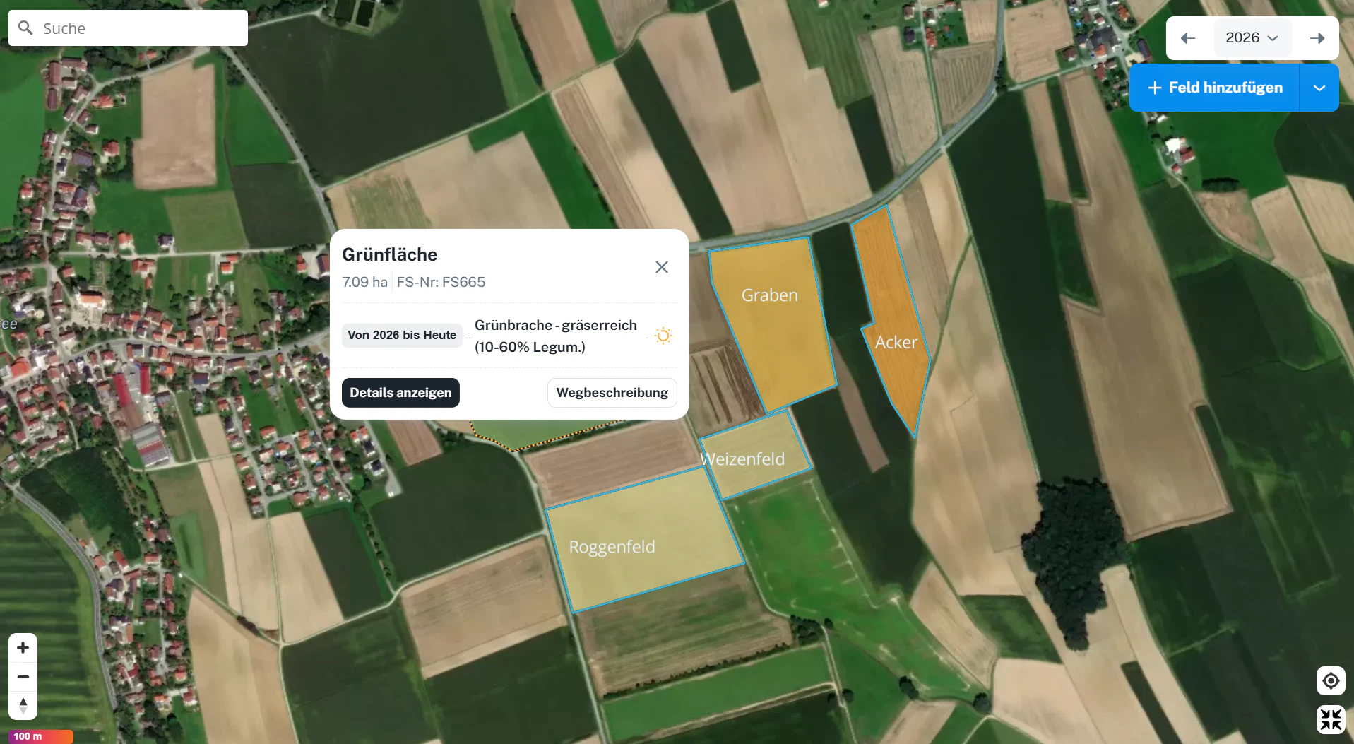 Feld-Popup – Name, Fläche, FS-Nr und Anbau für das gewählte Anbaujahr