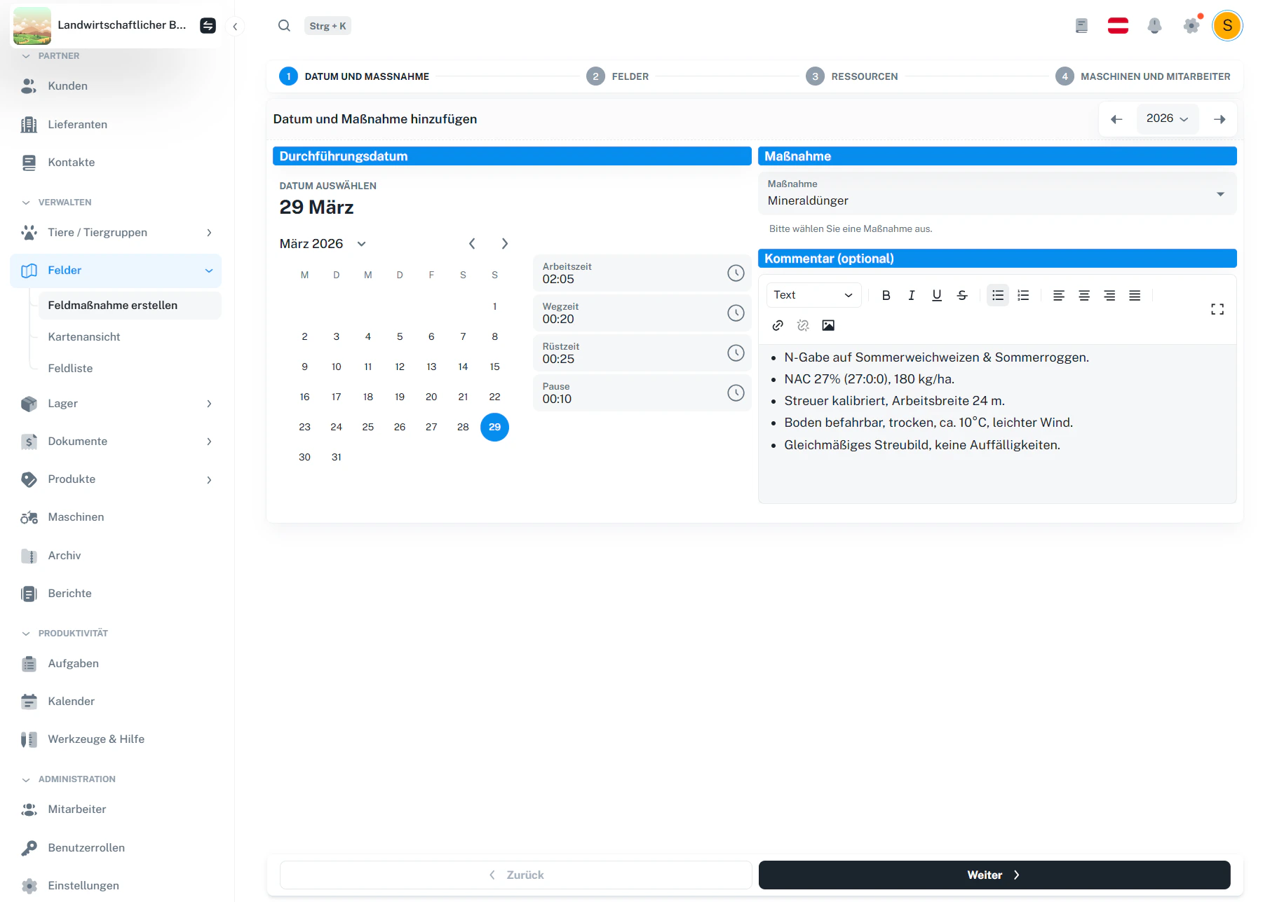 Schritt 1 – Datum & Maßnahme (ausgefüllt)